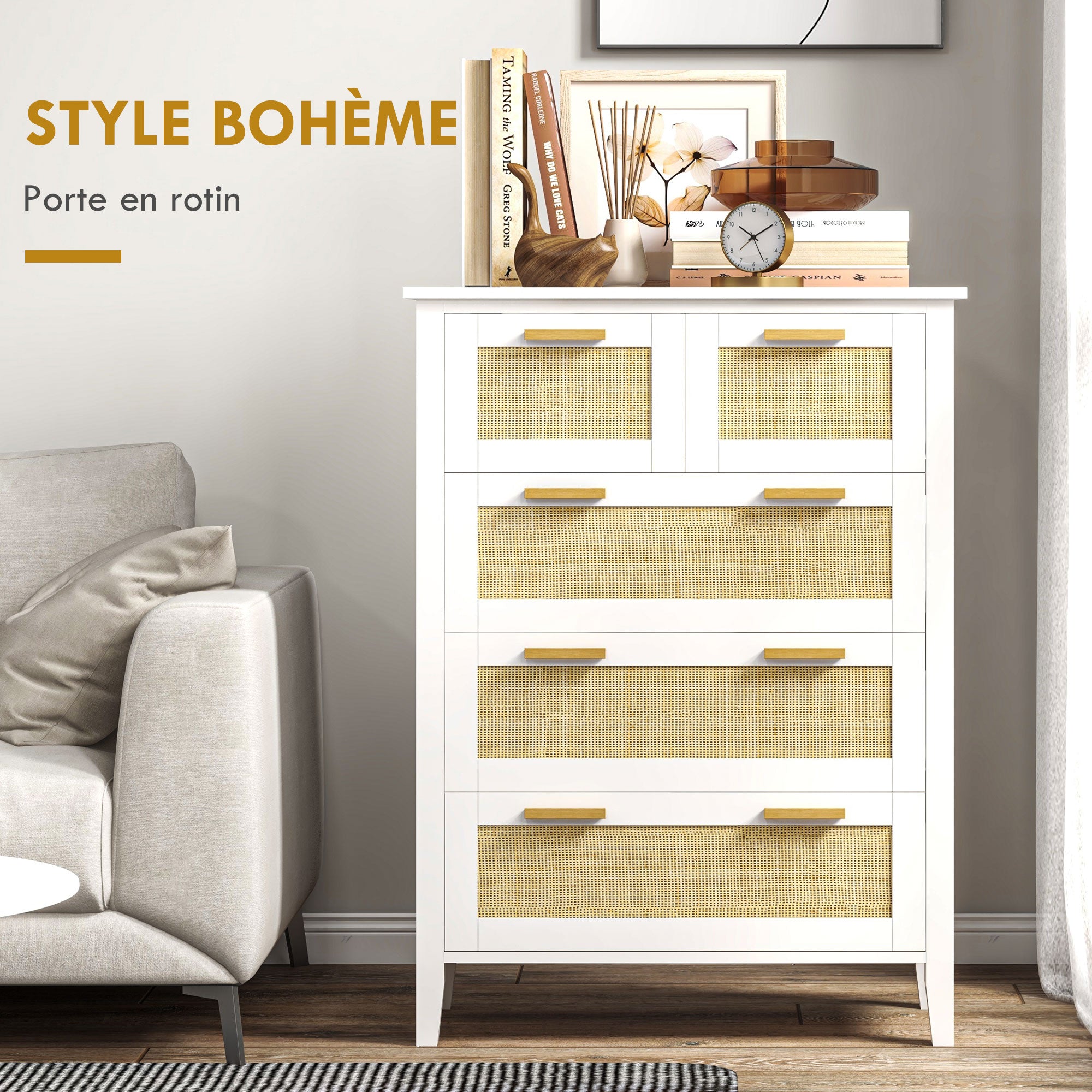Commode 5 tiroirs meuble de rangement avec poignées en bois massif et glissières en métal pour bureau salon chambre à coucher blanc