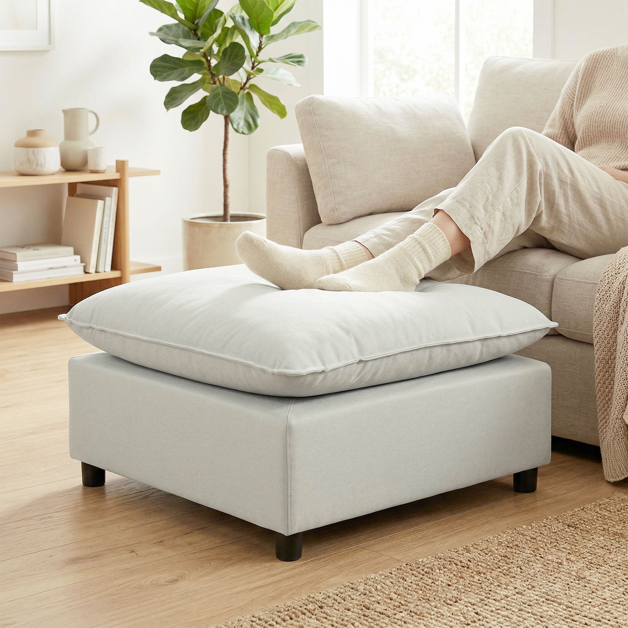 Repose pied salon carré, ottoman, siège rembourré avec pieds en plastique, pouf salon pour chambre à coucher, entrée, 75 x 75 x 40 cm, gris