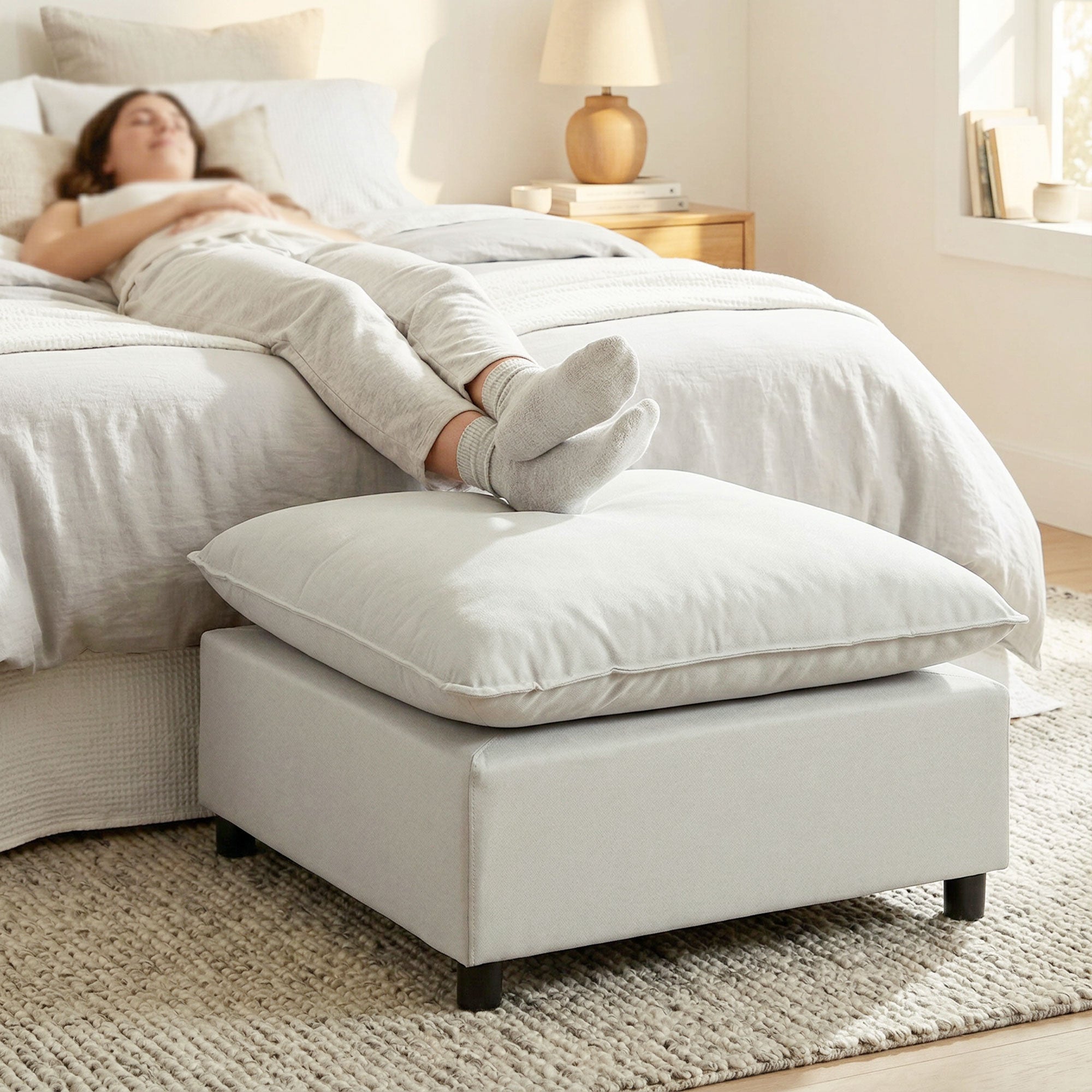 Repose pied salon carré, ottoman, siège rembourré avec pieds en plastique, pouf salon pour chambre à coucher, entrée, 75 x 75 x 40 cm, gris