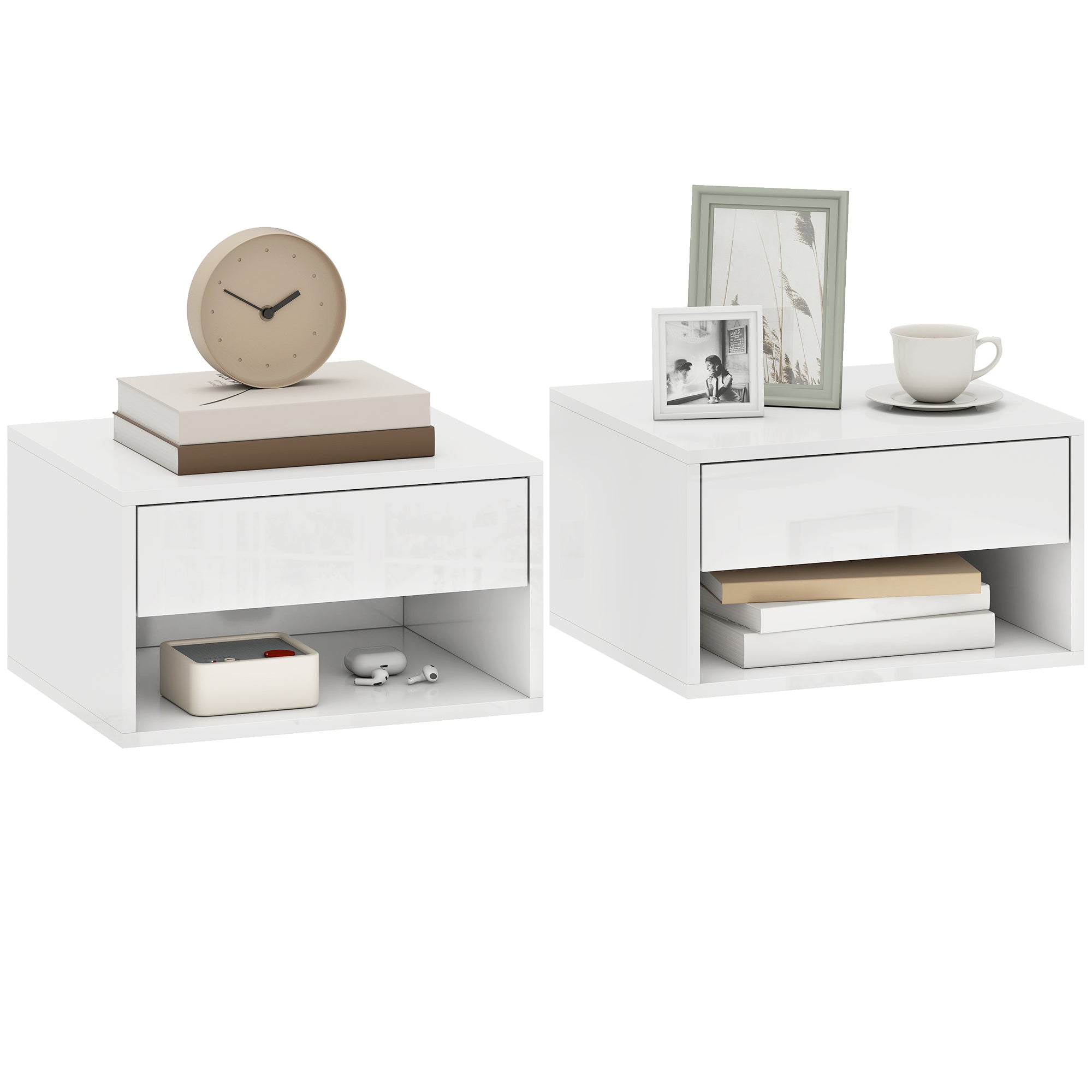 Lot de 2 tables de chevet murales, tables de nuit suspendues avec tiroir coulissant, compartiment ouvert, plateau, style moderne, 37 x 32 x 21 cm, blanc