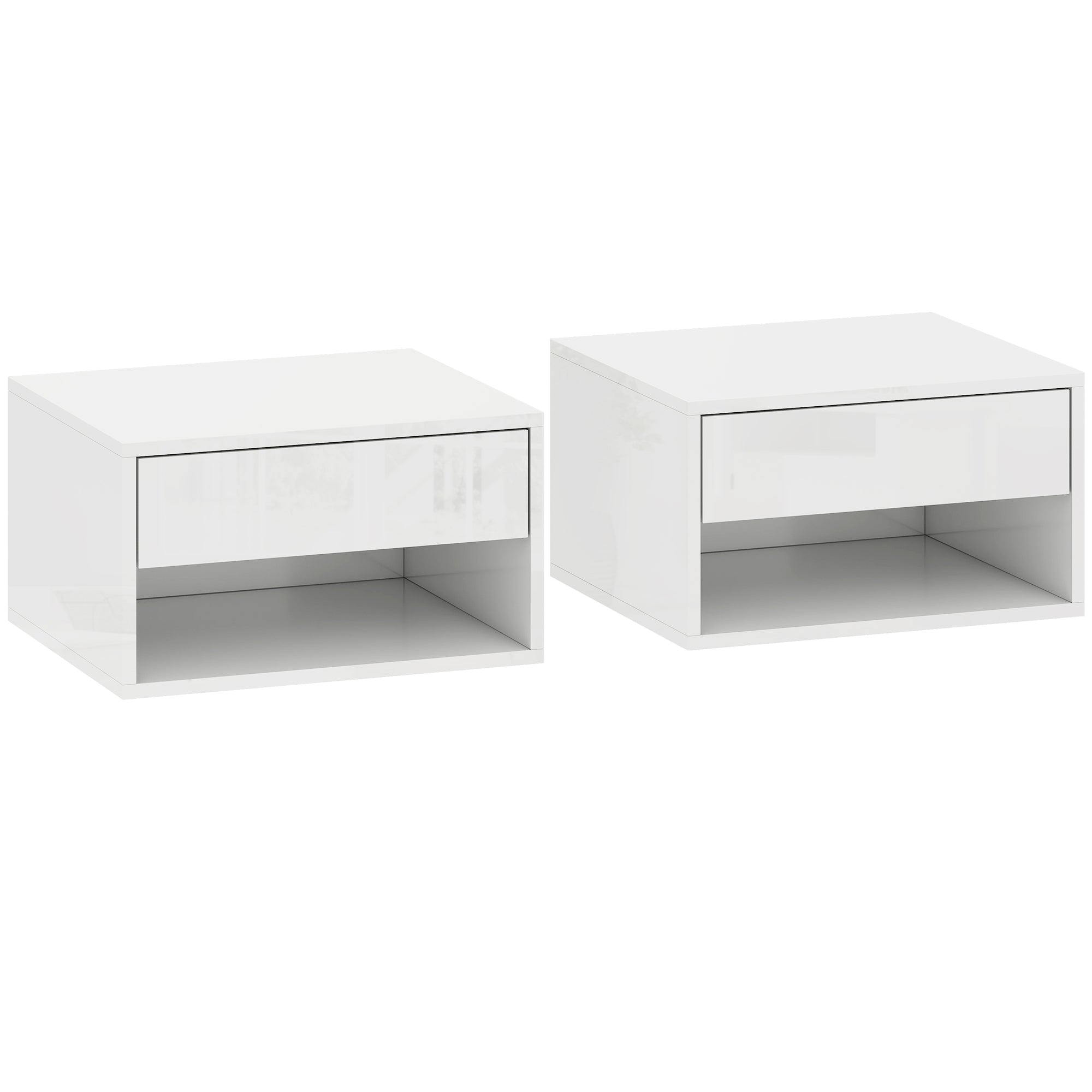 Lot de 2 tables de chevet murales, tables de nuit suspendues avec tiroir coulissant, compartiment ouvert, plateau, style moderne, 37 x 32 x 21 cm, blanc