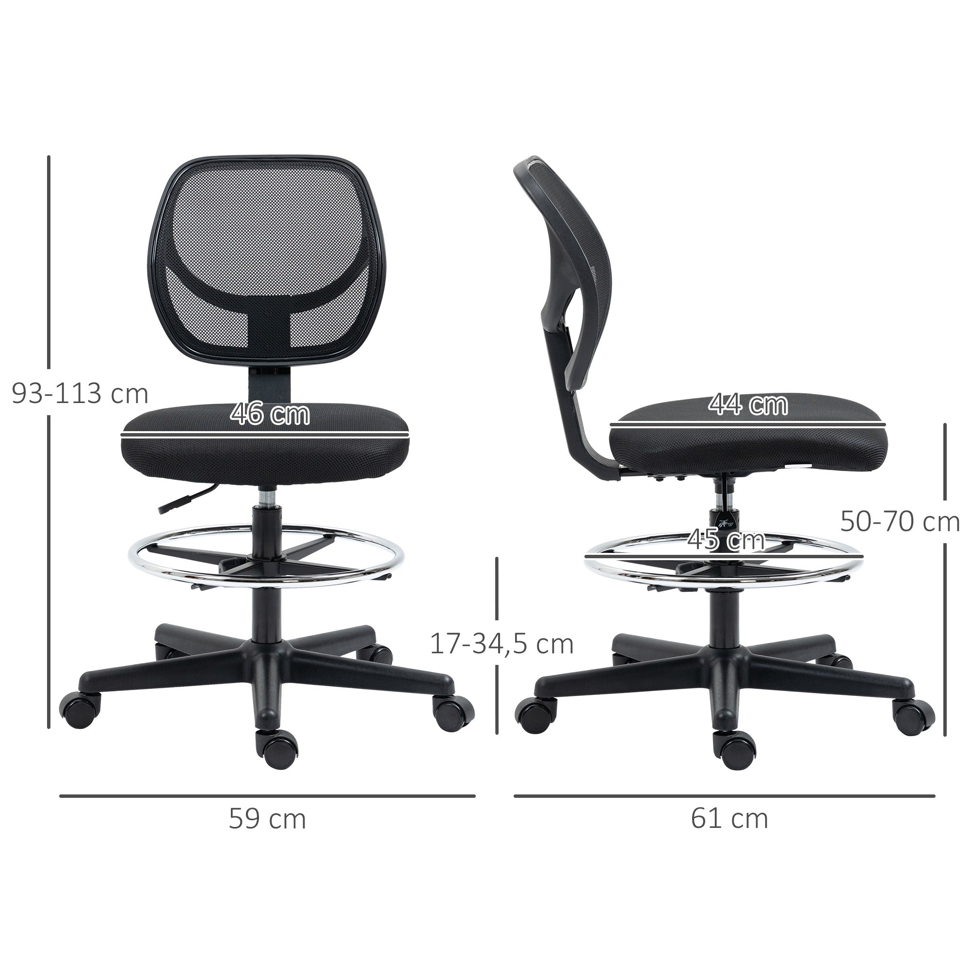 Chaise de bureau assise haute fauteuil de bureau en maille assise ergonomique hauteur réglable 50-70 cm avec repose-pied pivotant 360° noir
