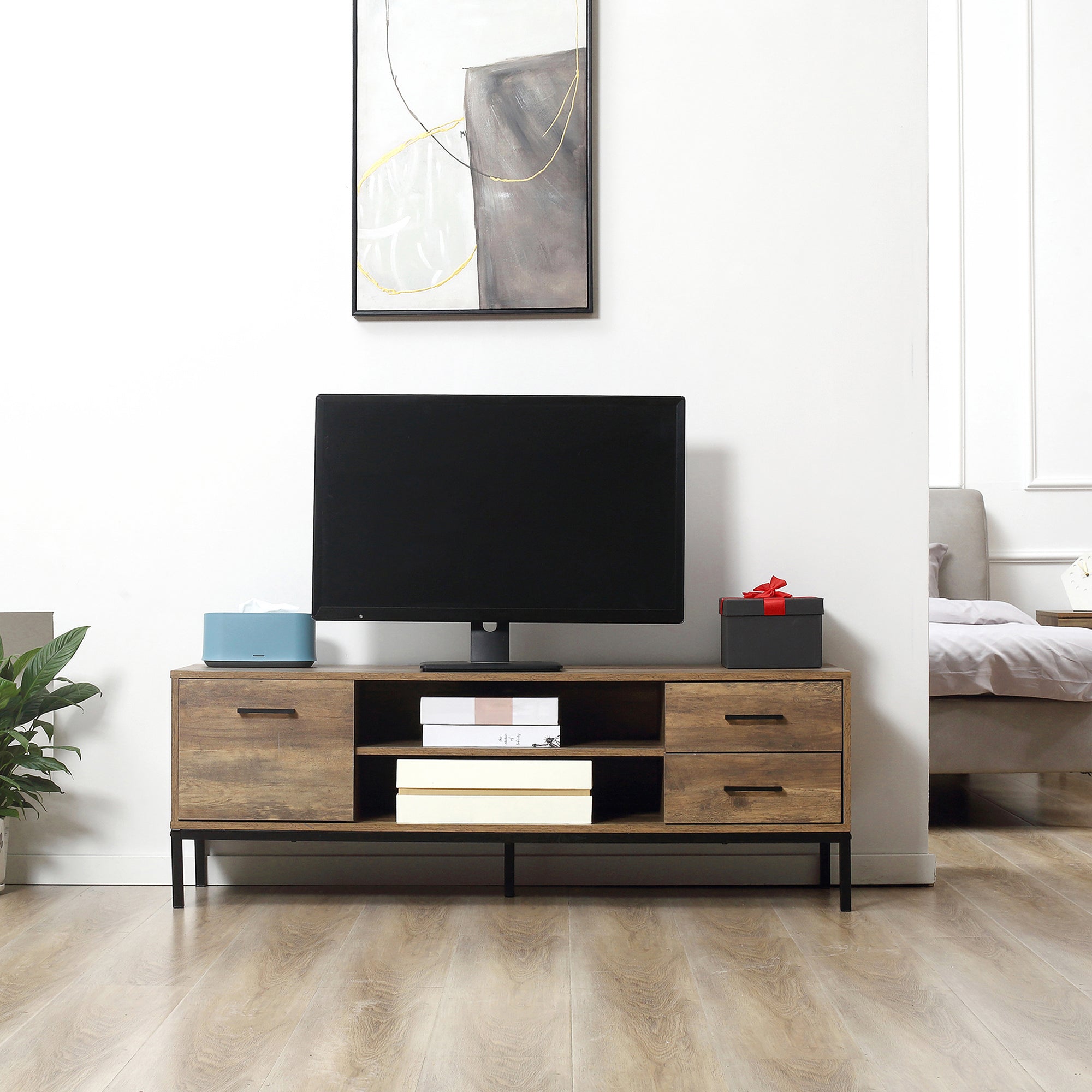 Meuble TV meuble télé bois banc TV pour téléviseur jusqu'à 50 pouces avec placard 2 tiroirs 2 niches 2 passe-câbles pour salon salle à manger chambre à coucher, 132 x 39 x 45,5 cm marron noir