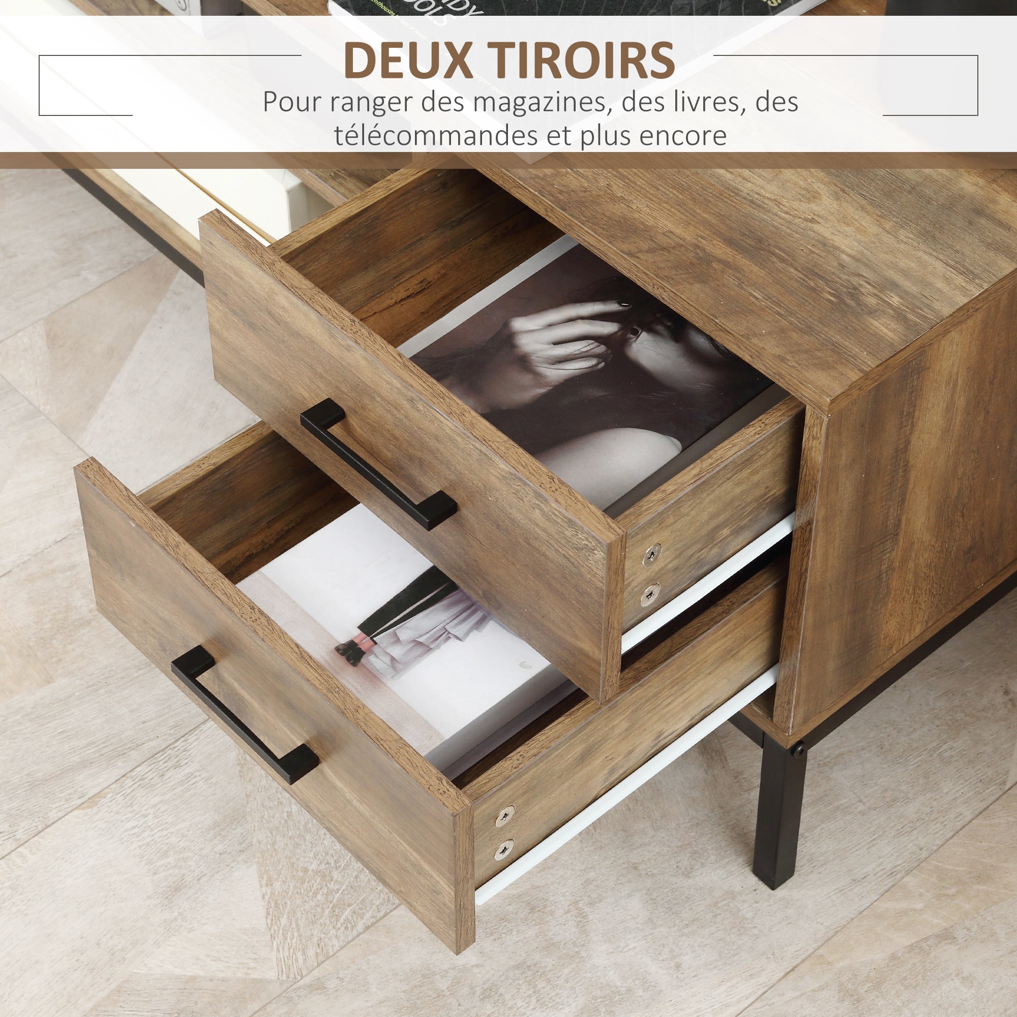 Meuble TV meuble télé bois banc TV pour téléviseur jusqu'à 50 pouces avec placard 2 tiroirs 2 niches 2 passe-câbles pour salon salle à manger chambre à coucher, 132 x 39 x 45,5 cm marron noir