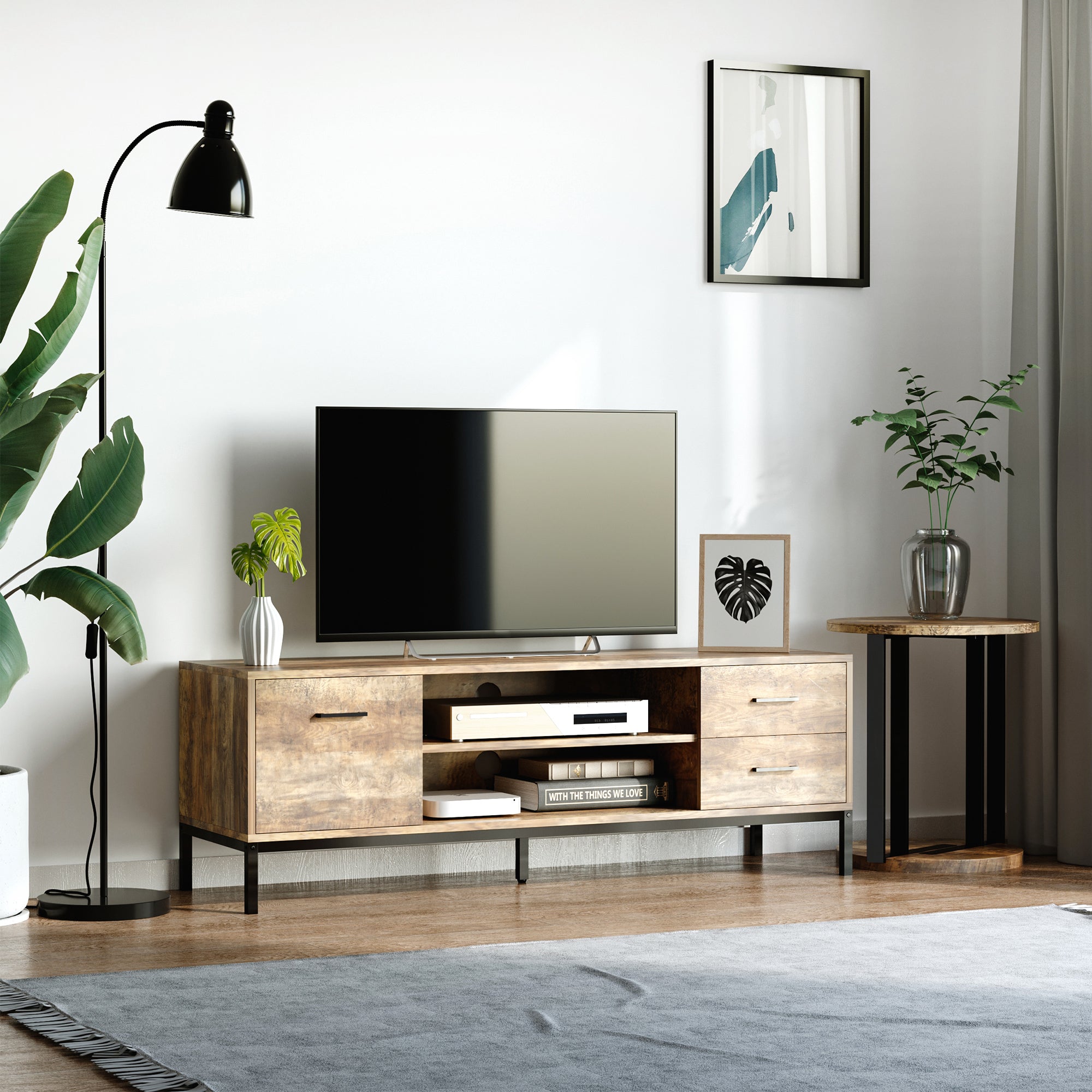 Meuble TV meuble télé bois banc TV pour téléviseur jusqu'à 50 pouces avec placard 2 tiroirs 2 niches 2 passe-câbles pour salon salle à manger chambre à coucher, 132 x 39 x 45,5 cm marron noir