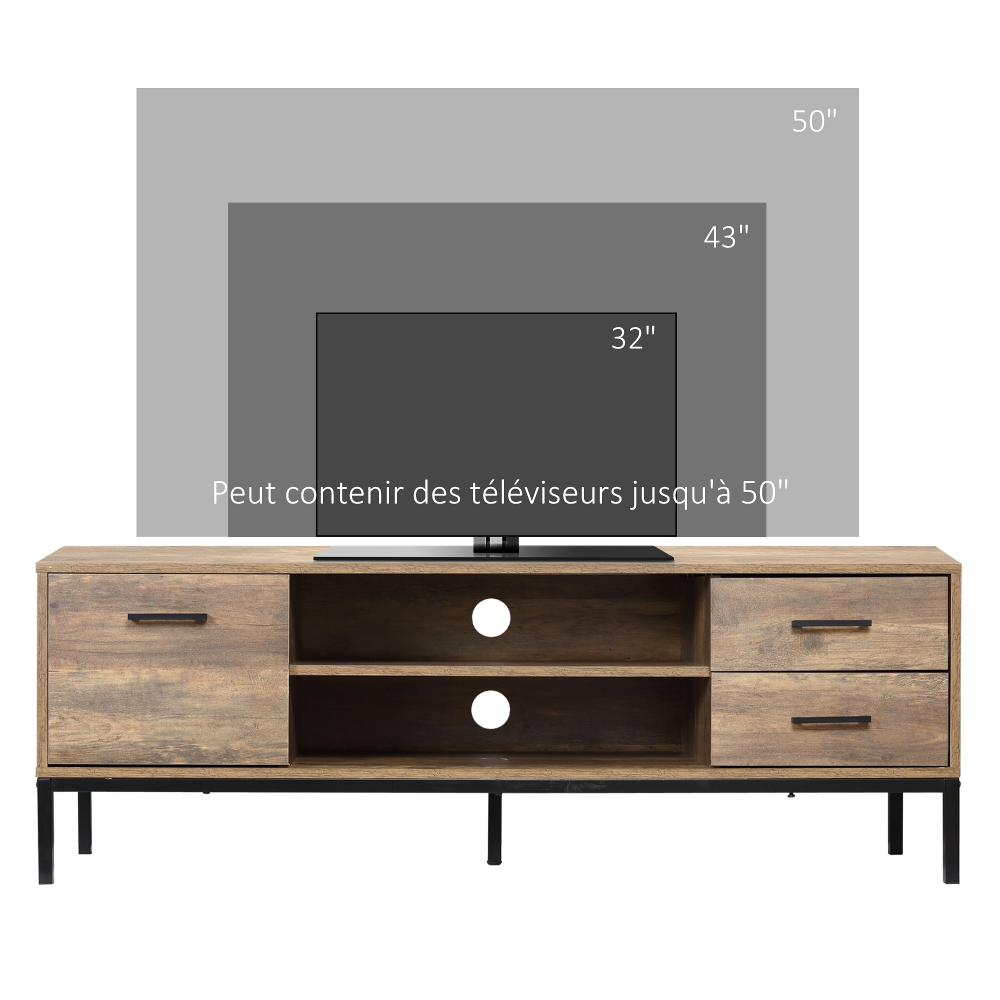 Meuble TV meuble télé bois banc TV pour téléviseur jusqu'à 50 pouces avec placard 2 tiroirs 2 niches 2 passe-câbles pour salon salle à manger chambre à coucher, 132 x 39 x 45,5 cm marron noir