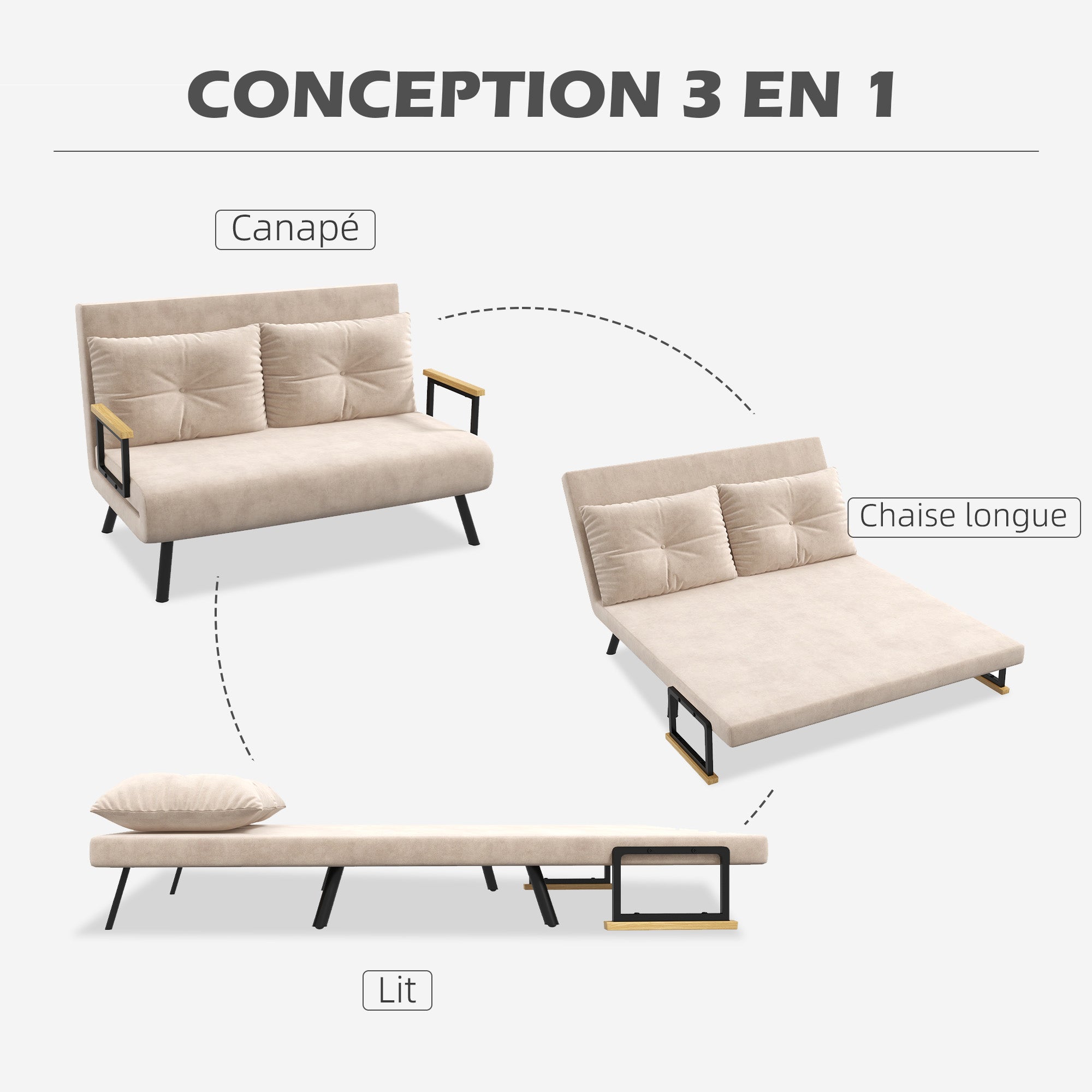 Canapé convertible 2 places 4 en 1, chauffeuse, fauteuil-lit pliant avec dossier réglable 5 niveaux et 2 coussins rembourrés, tissu effet velours pour salon, chambre d'amis, 102x73x81cm, beige