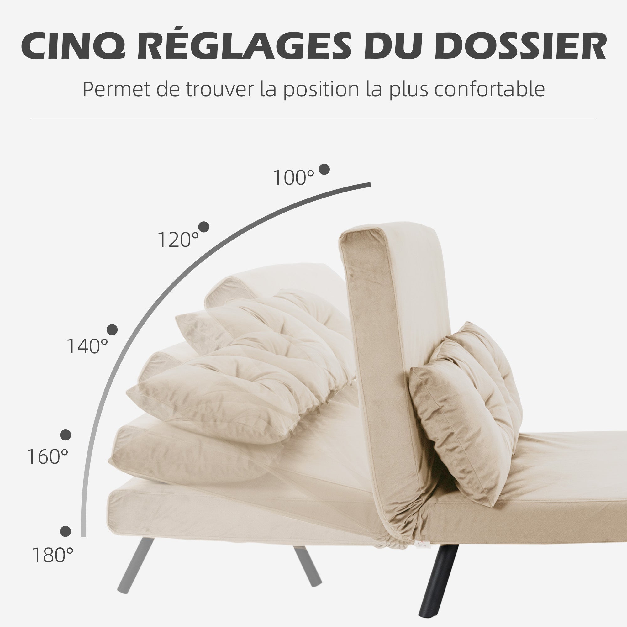 Canapé convertible 2 places 4 en 1, chauffeuse, fauteuil-lit pliant avec dossier réglable 5 niveaux et 2 coussins rembourrés, tissu effet velours pour salon, chambre d'amis, 102x73x81cm, beige