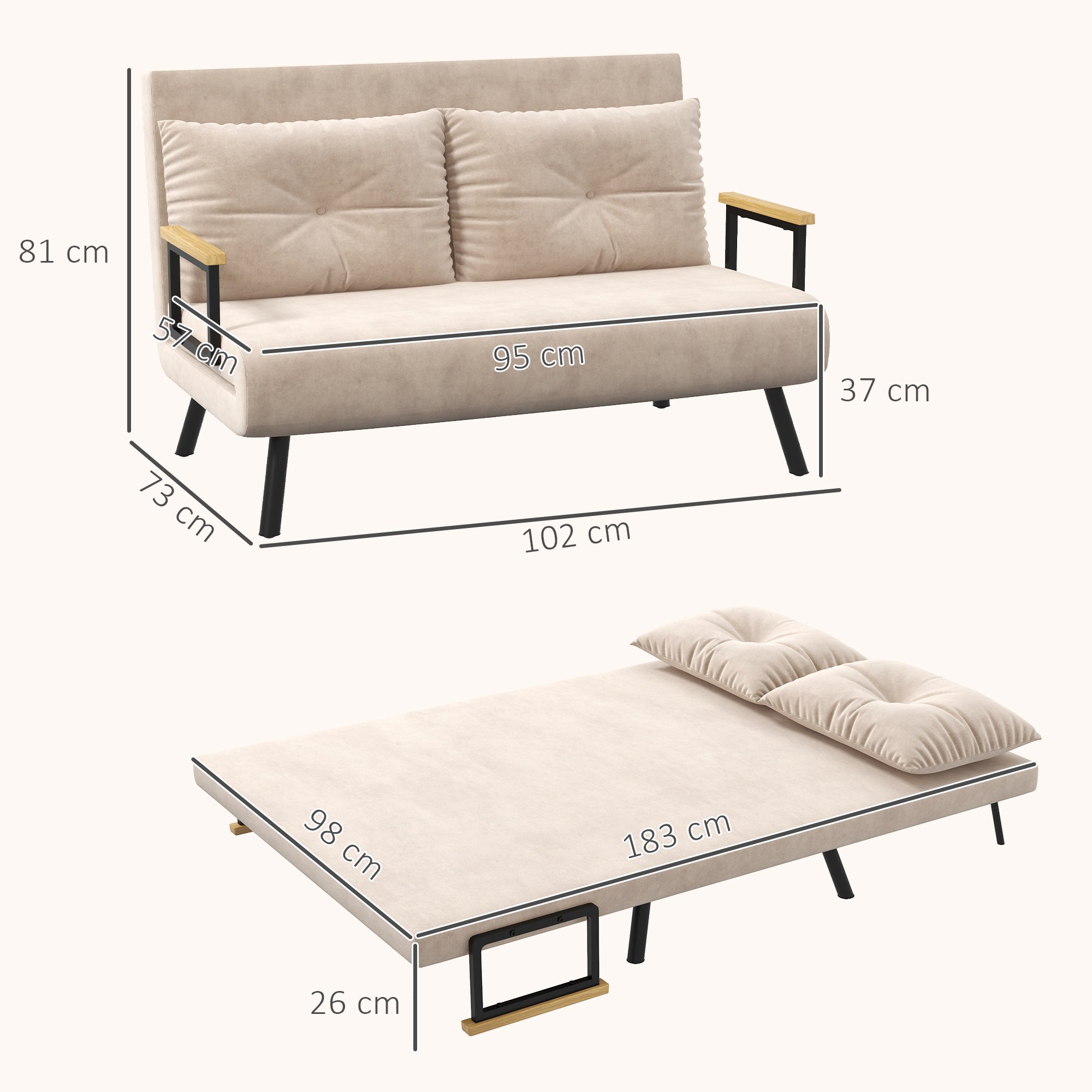Canapé convertible 2 places 4 en 1, chauffeuse, fauteuil-lit pliant avec dossier réglable 5 niveaux et 2 coussins rembourrés, tissu effet velours pour salon, chambre d'amis, 102x73x81cm, beige