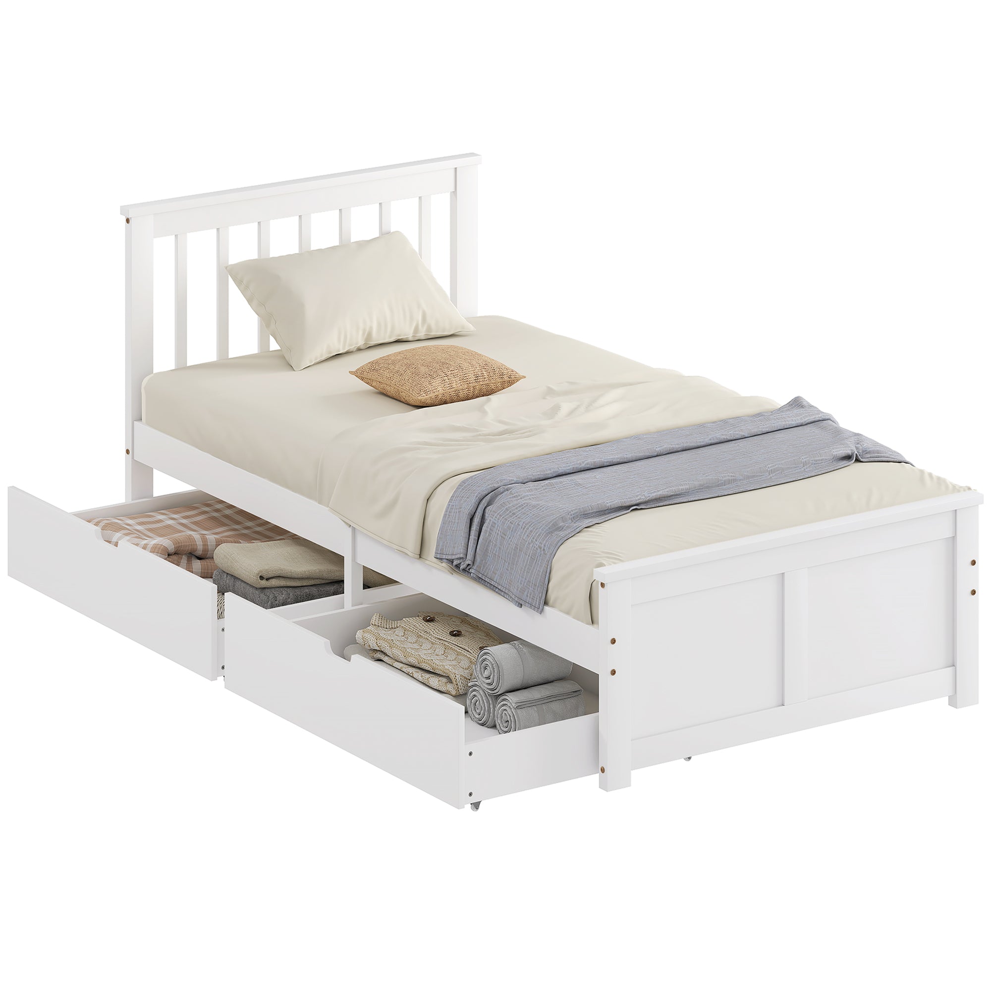 Cadre de Lit 90x190cm en Bois Massif, Lit Coffre avec 2 Tiroirs sur Roulettes, Tête de Lit, Pied de Lit, Sommier à Lattes, Sans Bruit, Blanc