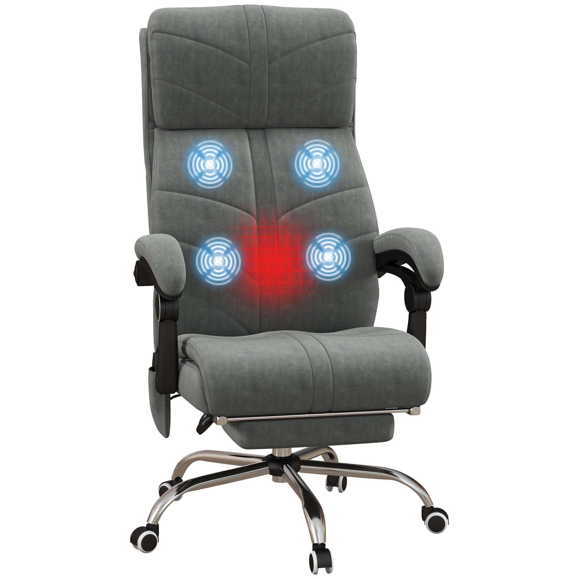 Fauteuil de bureau massant et chauffant chaise pour ordinateur inclinable revêtement en velours avec repose-pieds intégré 5 roulettes design moderne gris