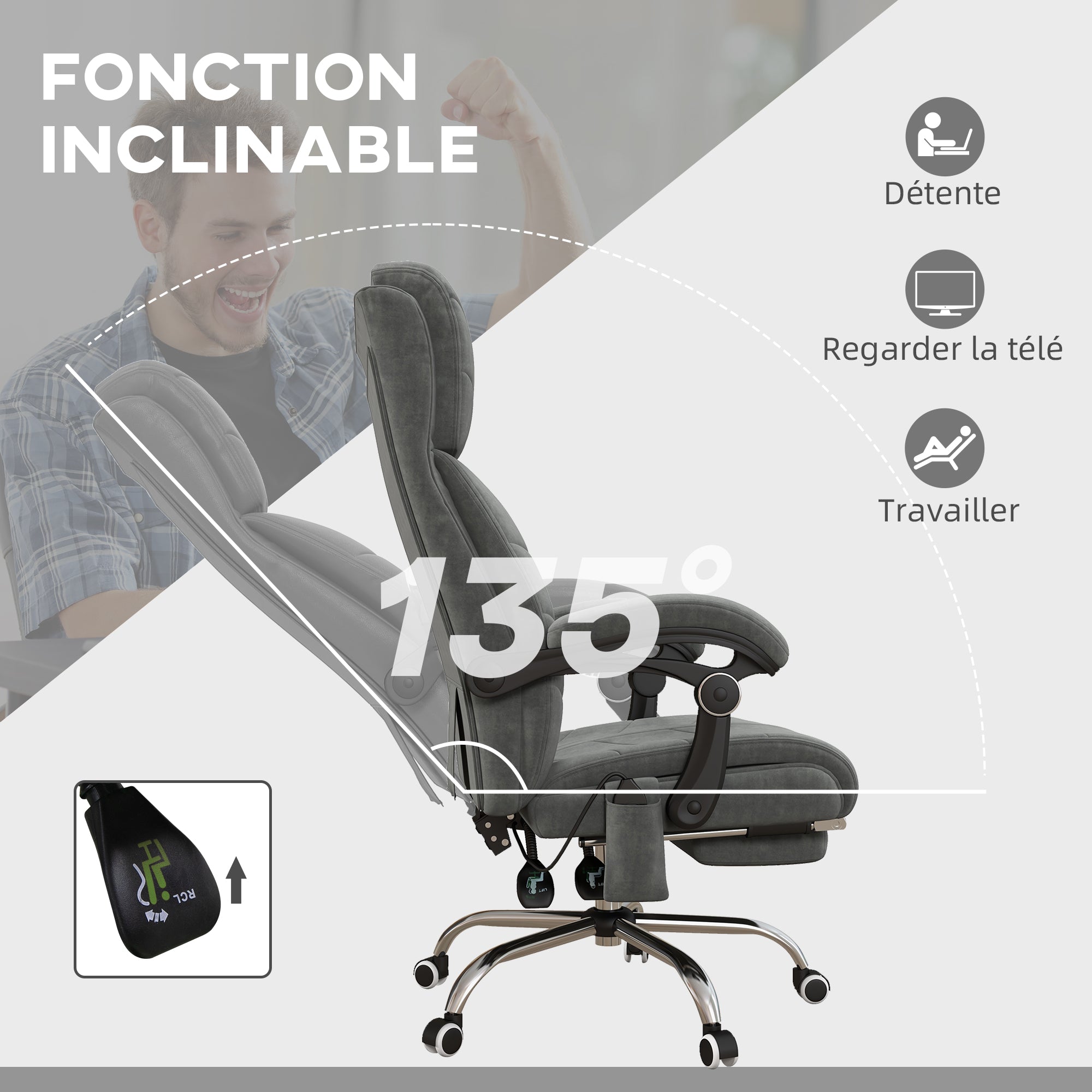 Fauteuil de bureau massant et chauffant chaise pour ordinateur inclinable revêtement en velours avec repose-pieds intégré 5 roulettes design moderne gris