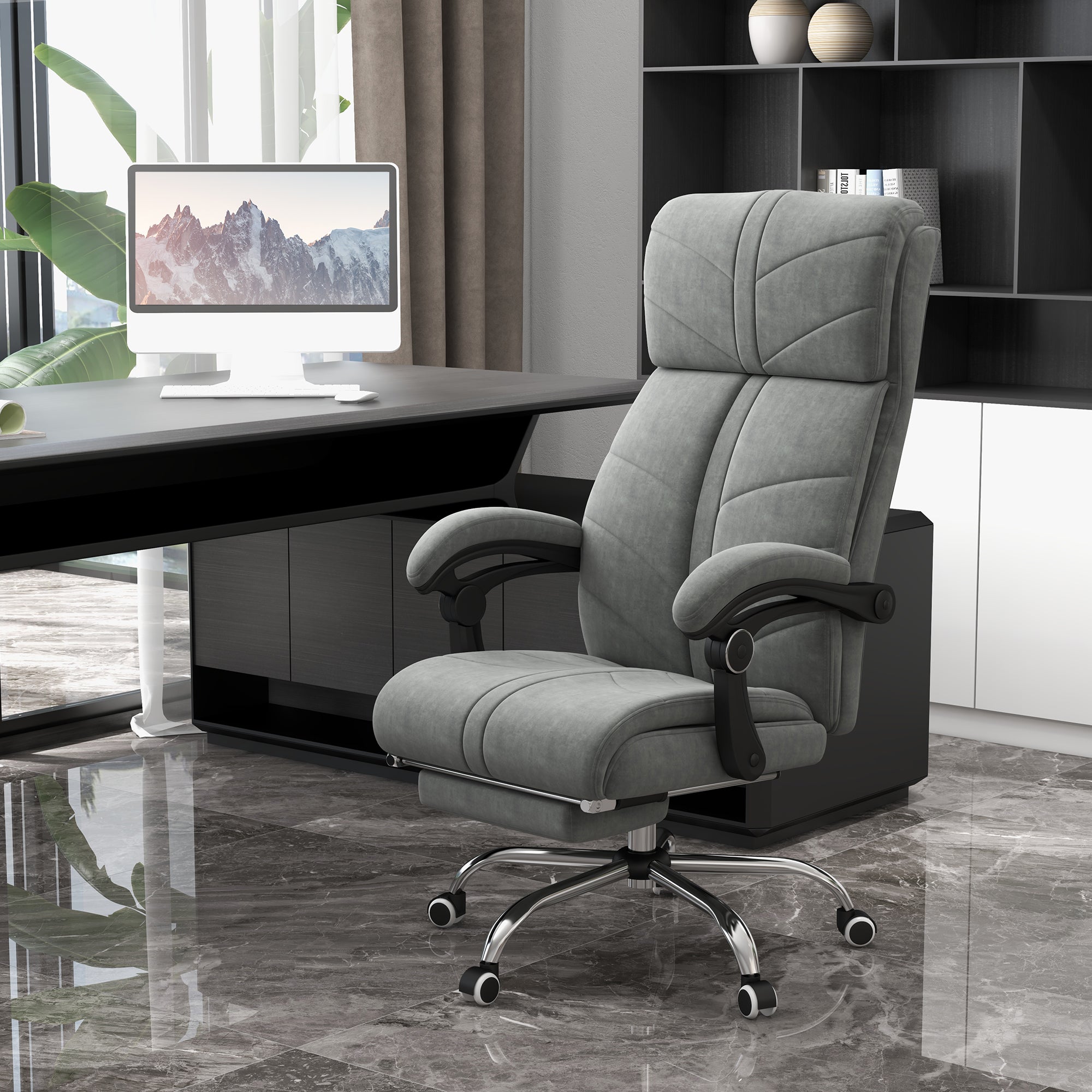 Fauteuil de bureau massant et chauffant chaise pour ordinateur inclinable revêtement en velours avec repose-pieds intégré 5 roulettes design moderne gris