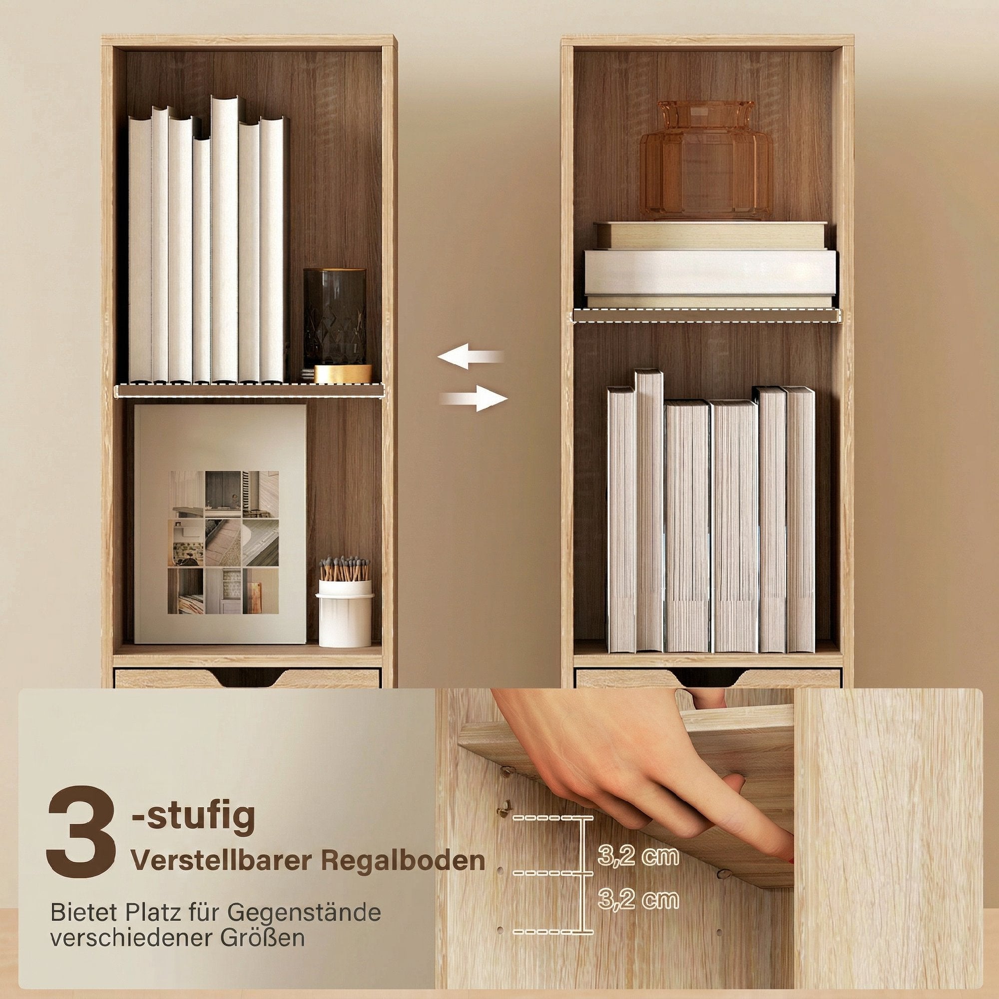 Bibliothèque, étagère à livres, meuble de rangement avec tiroir, placard et compartiments ouvertes, étagère de rangement pour salon, chambre bureau, 30 x 24 x 158 cm, bois naturel