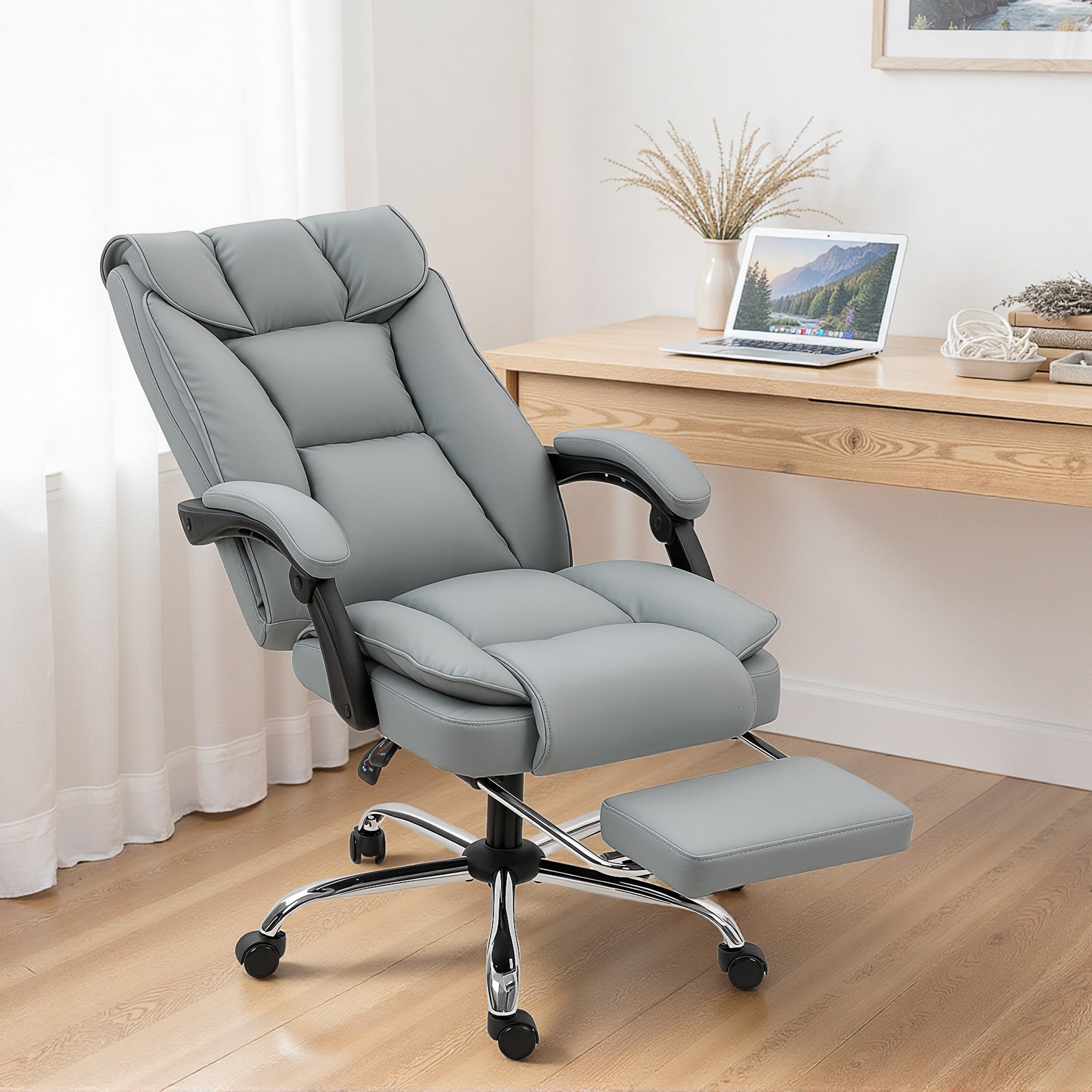 Chaise de Bureau Ergonomique, Fauteuil de Bureau Inclinable avec Repose-Pieds, Hauteur Réglable, Rembourrage Double Couche, Pivotante 360°, Revêtement Synthétique Résistant pour Animaux, Gris