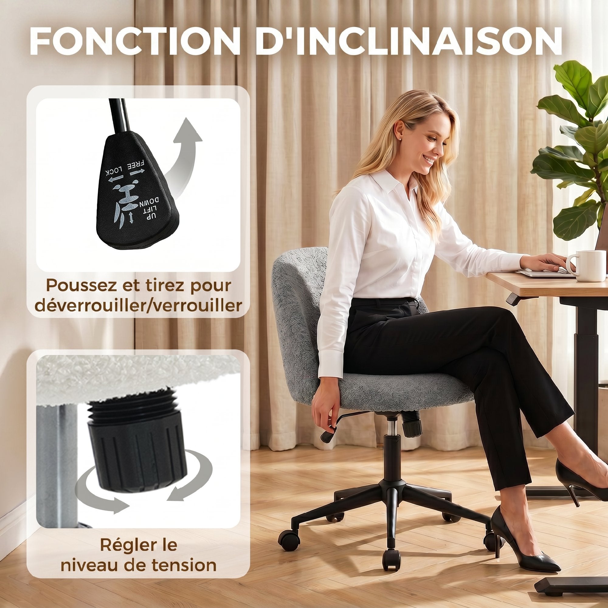 Chaise de Bureau Ergonomique, Fauteuil de Bureau Pivotant en Fourrure Teddy, Hauteur Réglable, Roulettes, Mousse Haute Résilience, Fonction de Bascule, pour Coiffeuse ou Maquillage, Gris