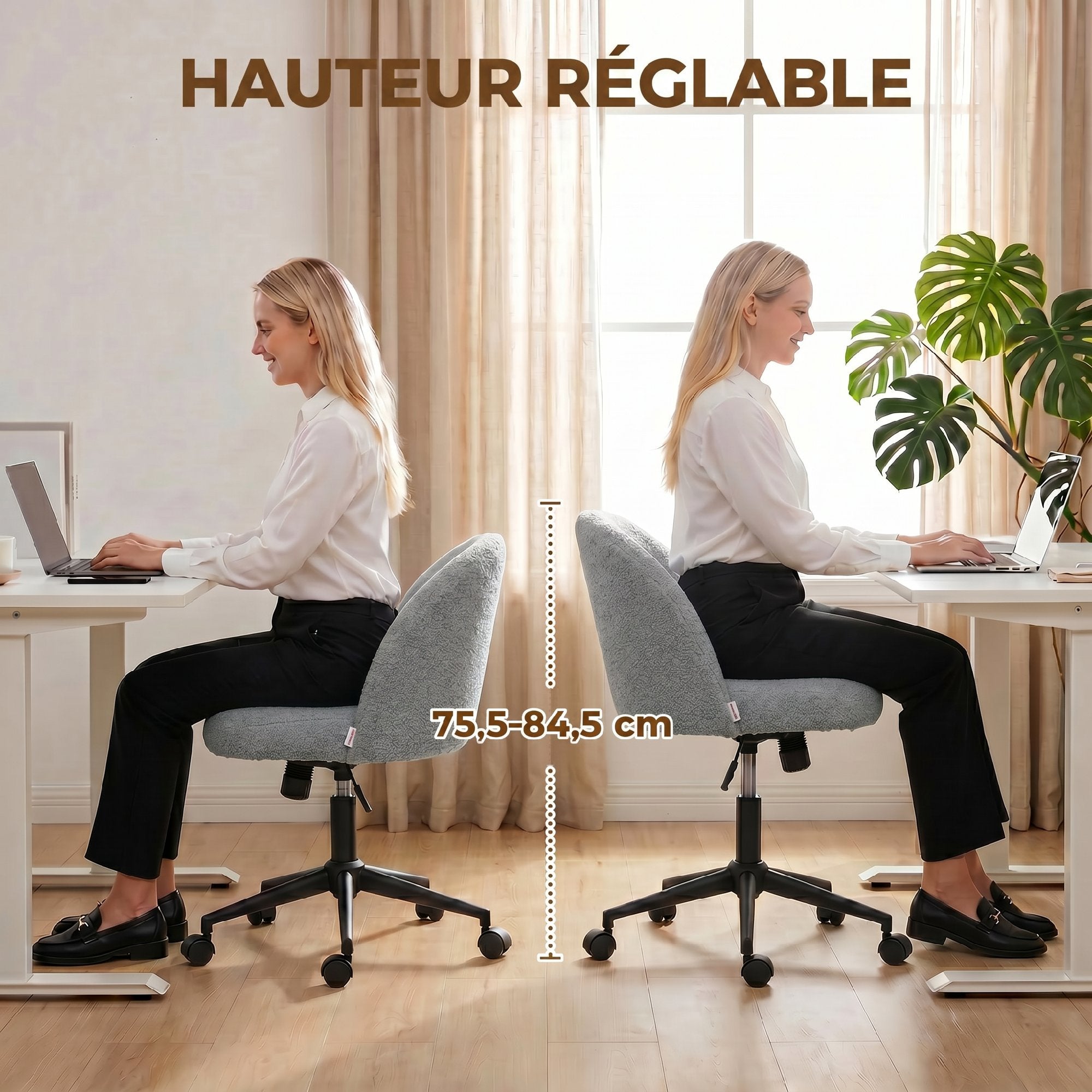 Chaise de Bureau Ergonomique, Fauteuil de Bureau Pivotant en Fourrure Teddy, Hauteur Réglable, Roulettes, Mousse Haute Résilience, Fonction de Bascule, pour Coiffeuse ou Maquillage, Gris