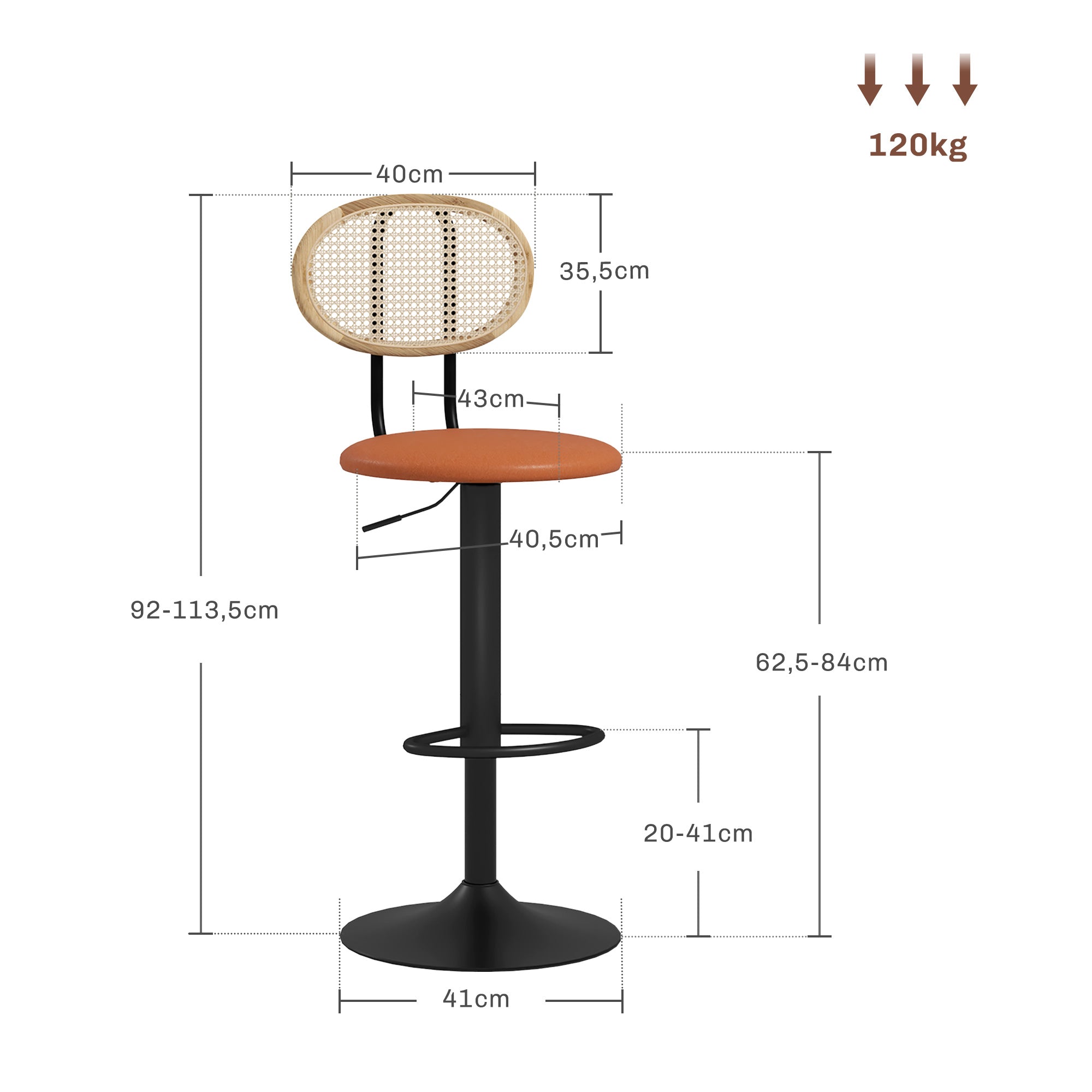 Lot de 2 tabourets de bar chaises de bar hauteur réglable avec dossier en rotin et repose-pieds, tabouret haut moderne, structure bois revêtement synthétique marron