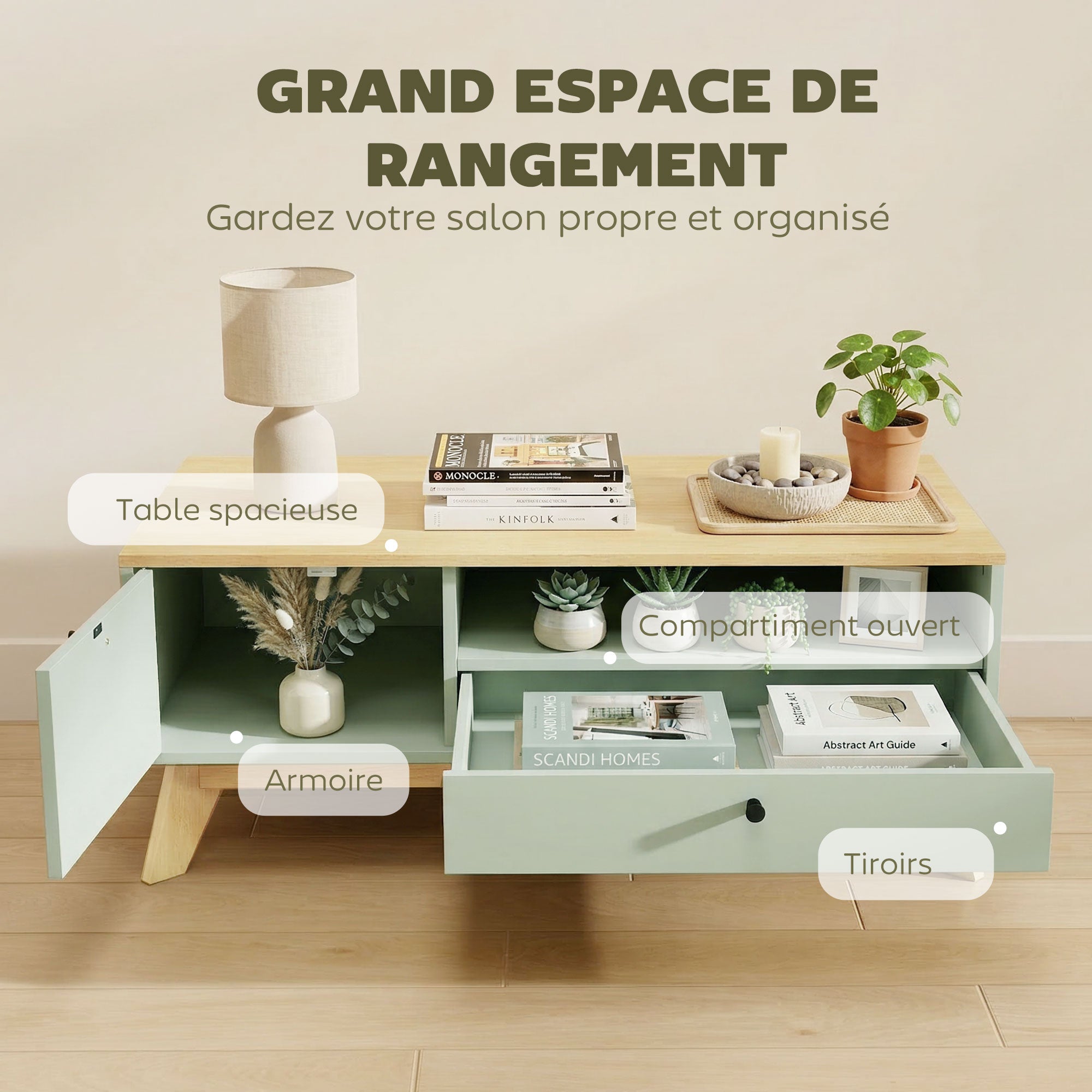Table basse de salon, table d'appoint rectangulaire avec tiroir, porte et compartiment ouvert, style moderne, pour chambre, séjour et bureau, 100 x 50 x 40 cm, vert clair et chêne