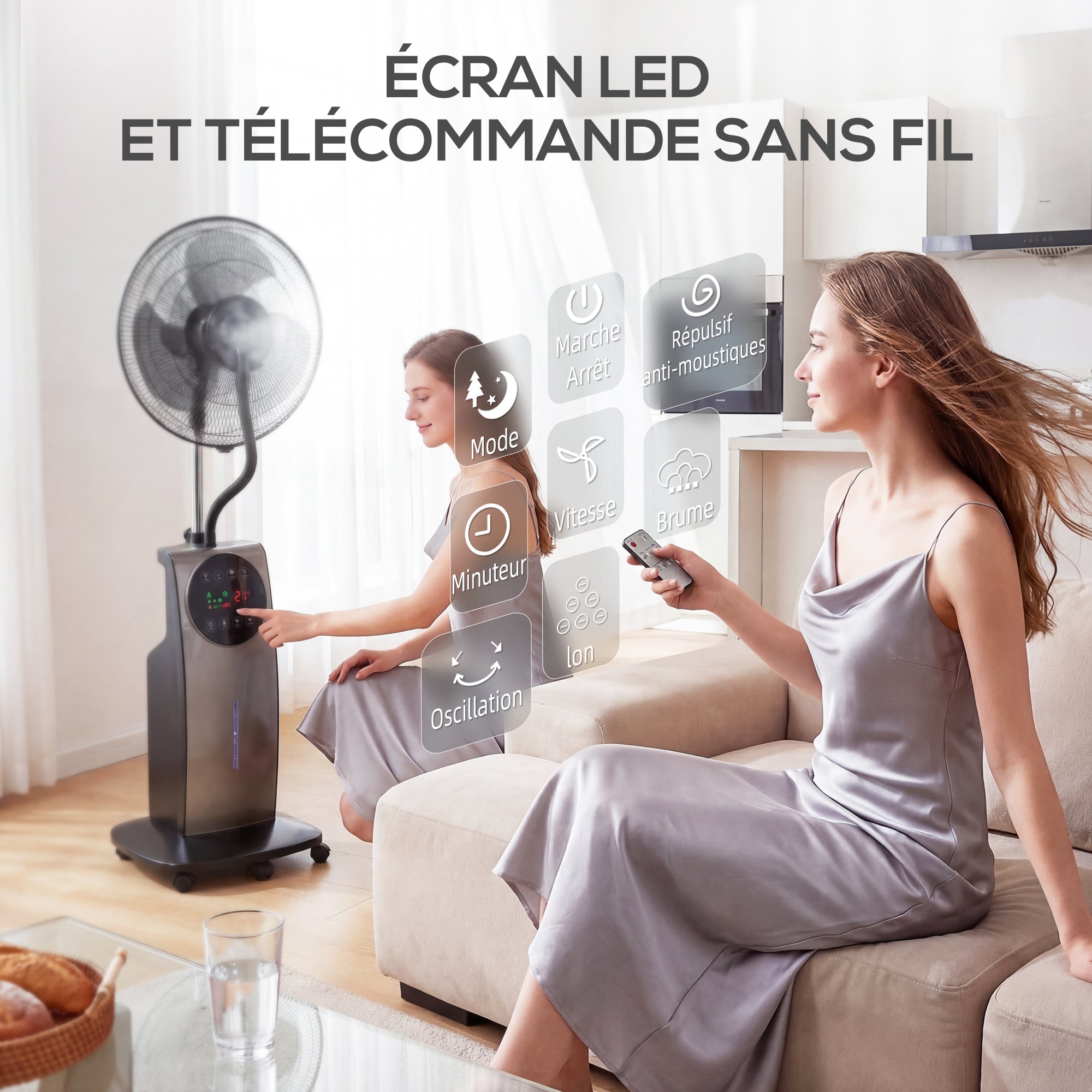 Ventilateur brumisateur silencieux 90W, ventilateur sur pied 138cm, oscillation 70°, 3 vitesses, 3 modes, ionisation négative, antimoustique, réservoir d'eau 3,1L, télécommande et minuterie 12h