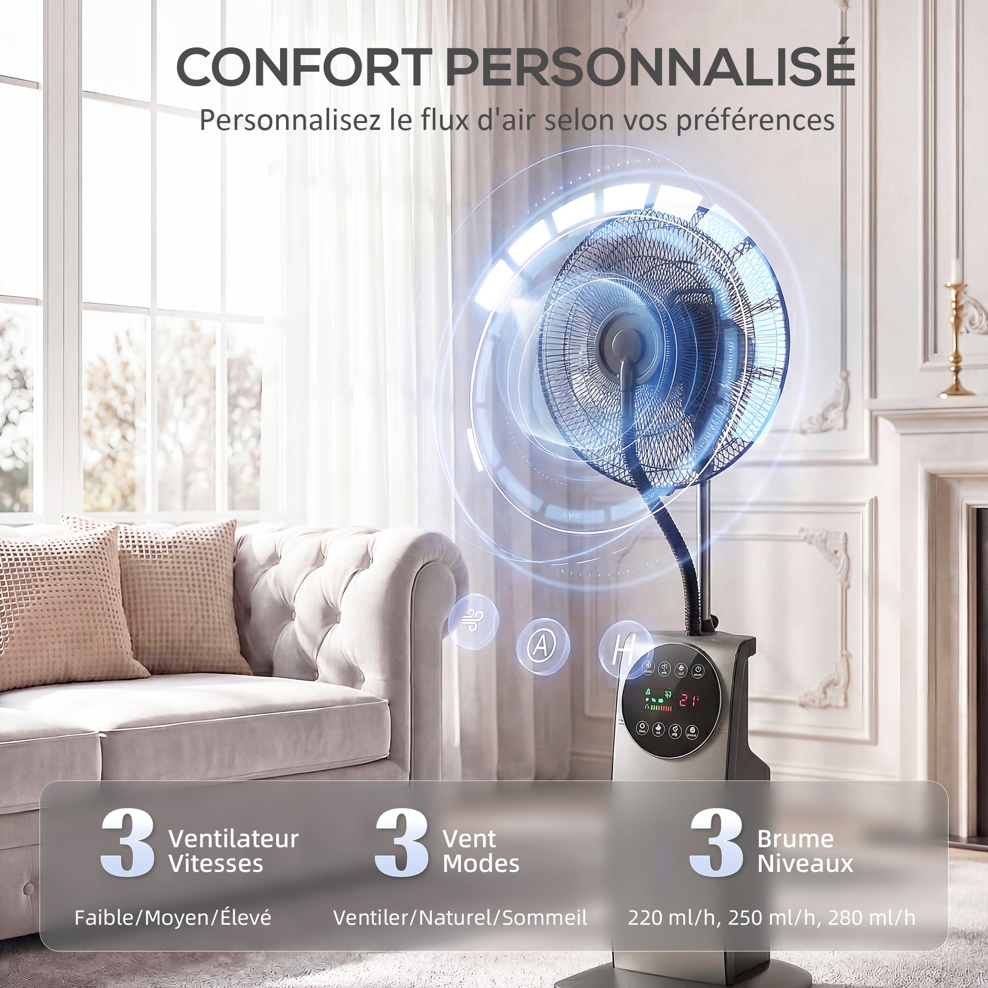 Ventilateur brumisateur silencieux 90W, ventilateur sur pied 138cm, oscillation 70°, 3 vitesses, 3 modes, ionisation négative, antimoustique, réservoir d'eau 3,1L, télécommande et minuterie 12h