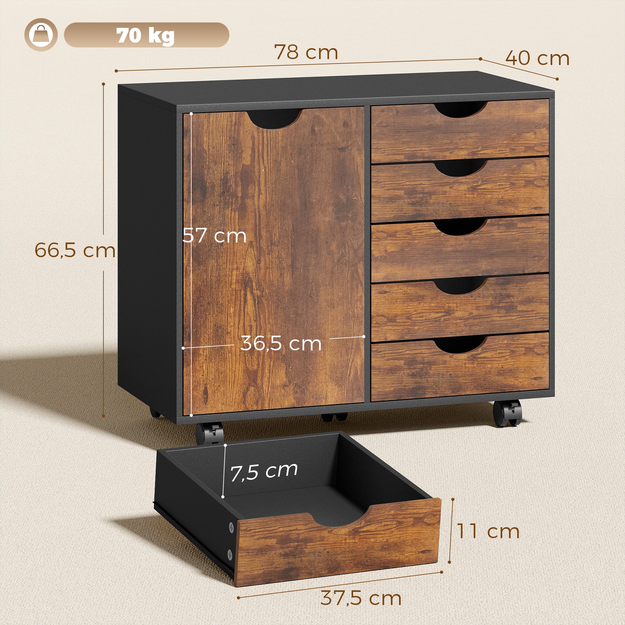 Caisson de bureau mobile avec 5 tiroirs et 1 porte, étagère réglable, meuble rangement bureau, caisson de rangement sur roulettes, pour documents et papeterie, 78 x 40 x 66,5 cm, brun rustique