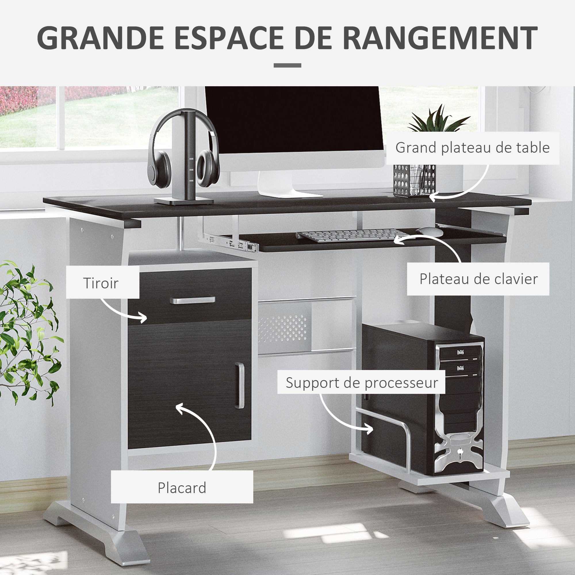 Bureau informatique design 100L x 52l x 75h cm brun noir et blanc