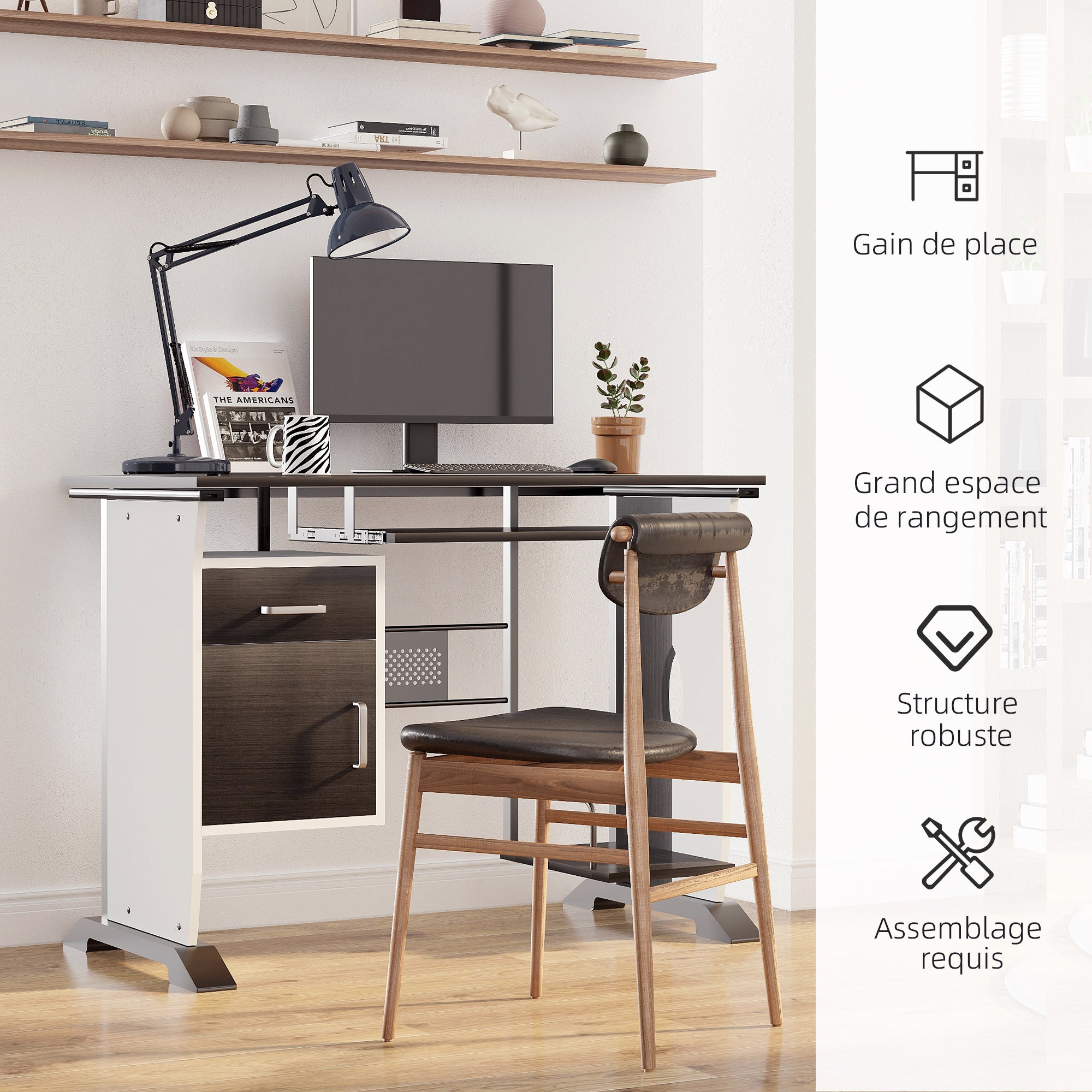 Bureau informatique design 100L x 52l x 75h cm brun noir et blanc