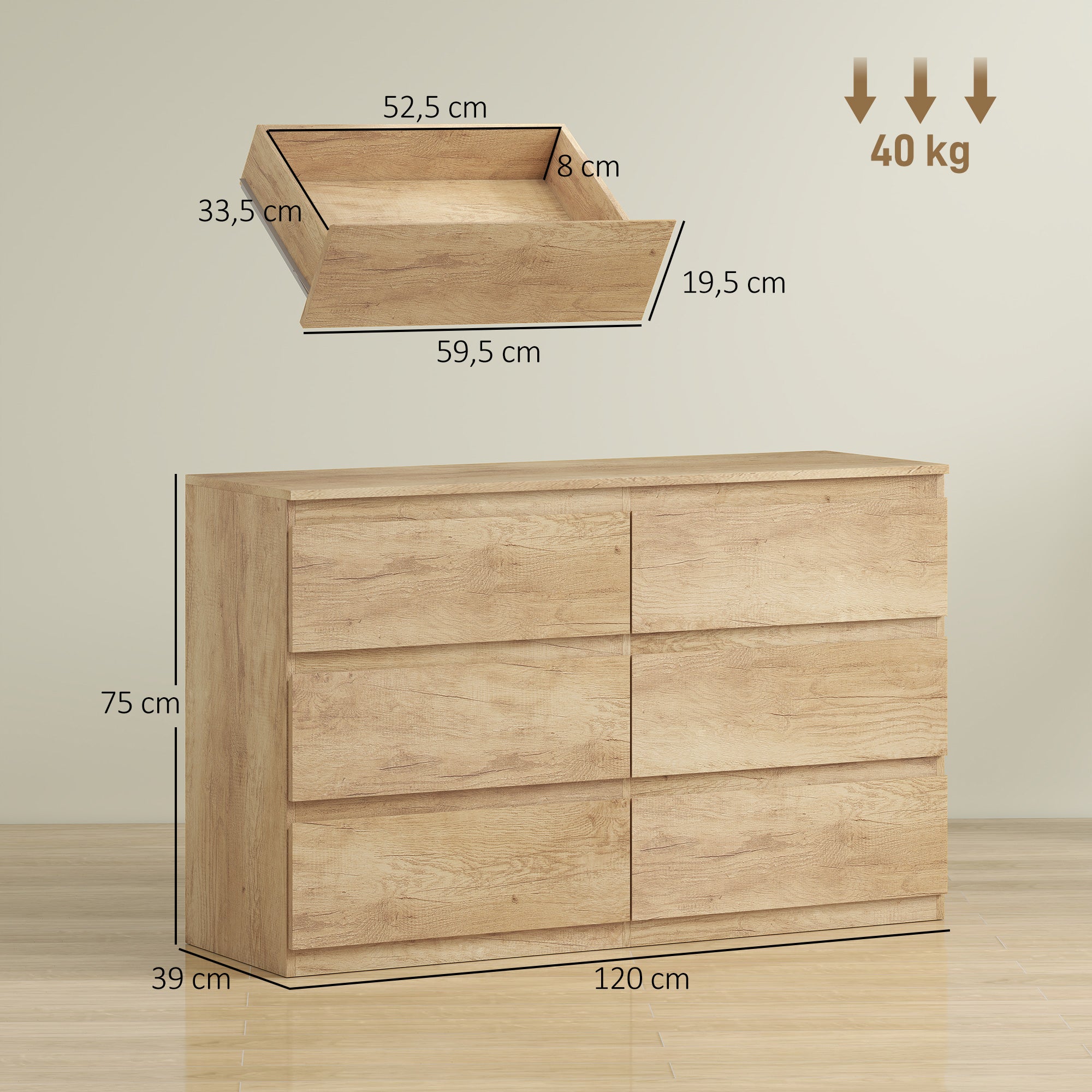 Commode 6 tiroirs, meuble de rangement étroit sans poignées, chiffonnier, style moderne, commode pour chambre à coucher, salon, couloir, 120 x 39 x 75 cm, chêne