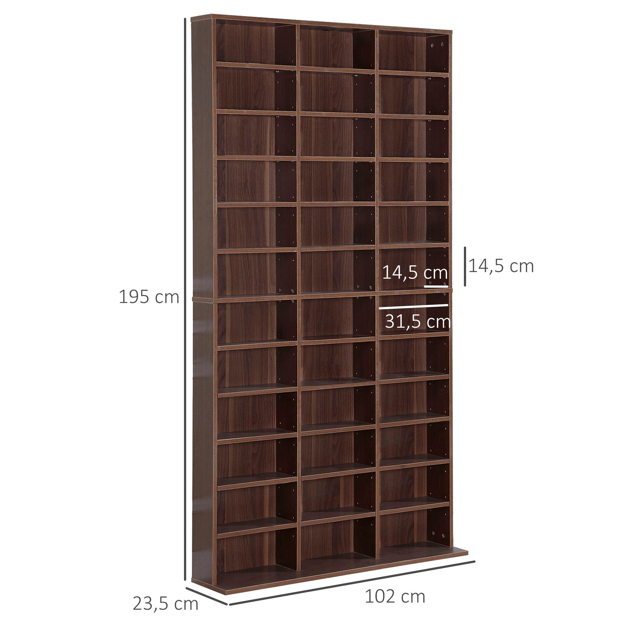 Rangements pour CD et DVD, étagère rangement, capacité max. 1116 CD/528 DVD, 36 compartiments et étagères réglables, pour bureau, salon, chambre, 102 x 23,5 x 195 cm, marron