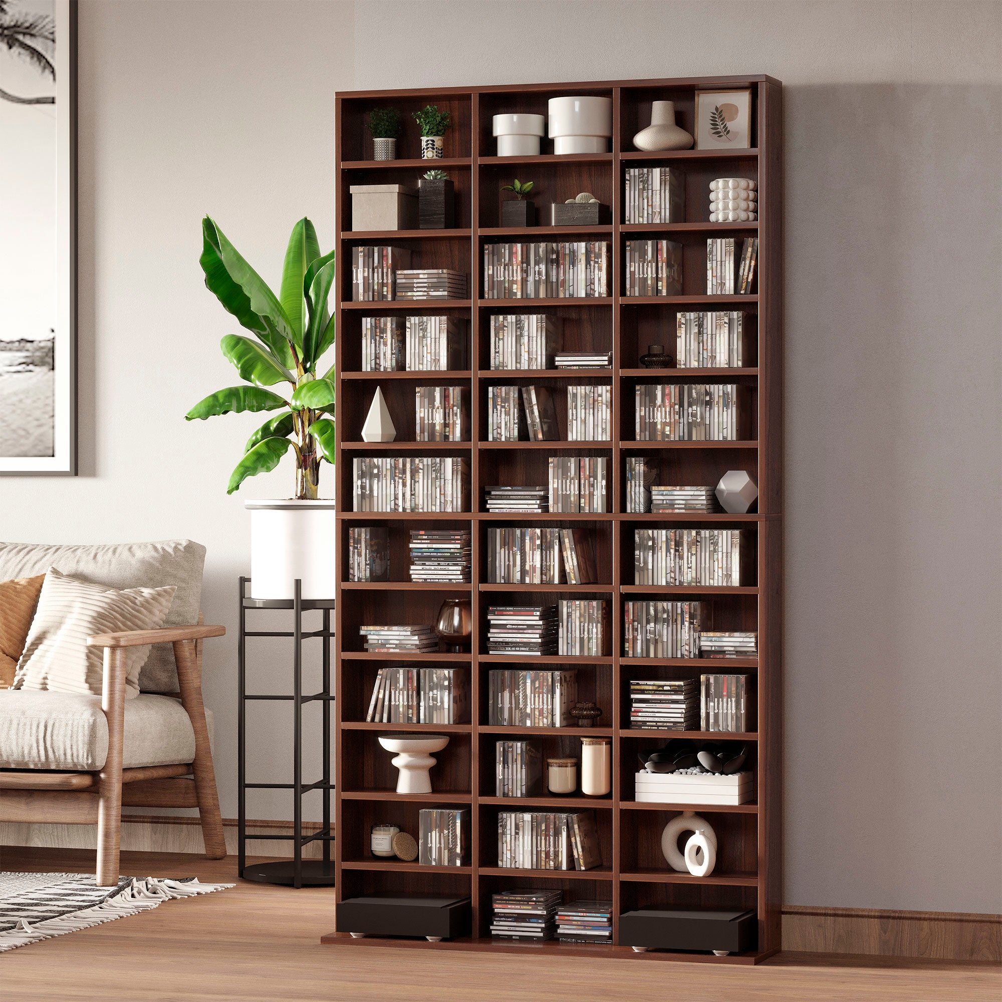 Rangements pour CD et DVD, étagère rangement, capacité max. 1116 CD/528 DVD, 36 compartiments et étagères réglables, pour bureau, salon, chambre, 102 x 23,5 x 195 cm, marron