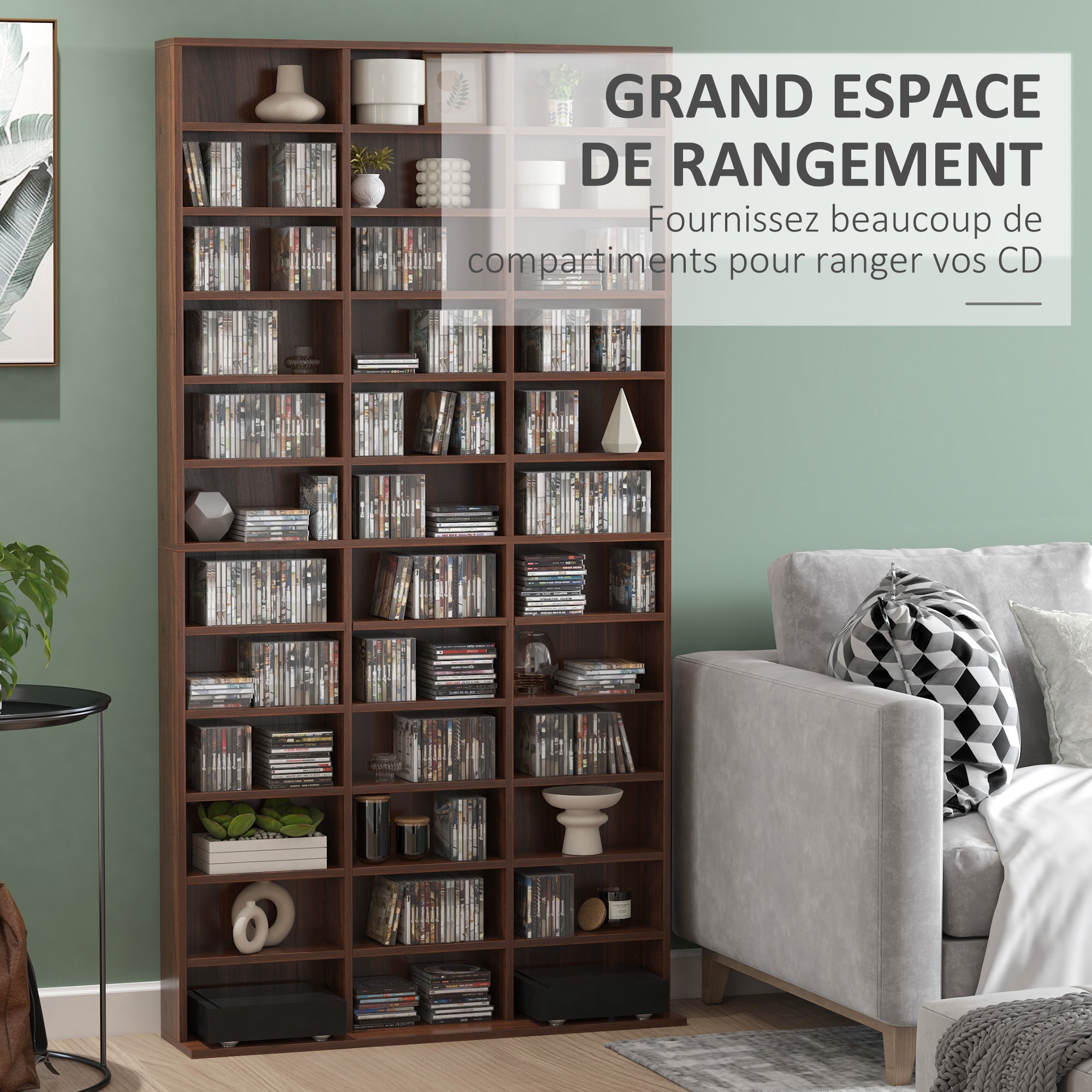 Rangements pour CD et DVD, étagère rangement, capacité max. 1116 CD/528 DVD, 36 compartiments et étagères réglables, pour bureau, salon, chambre, 102 x 23,5 x 195 cm, marron