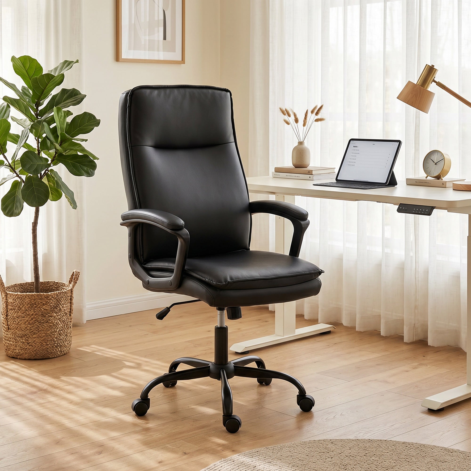 Chaise Bureau Ergonomique, Fauteuil de Bureau en PU, Hauteur Réglable, Fonction Bascule, Dossier Haut, Double Rembourrage, Travail Pivotante 360° pour Ordinateur, Noir
