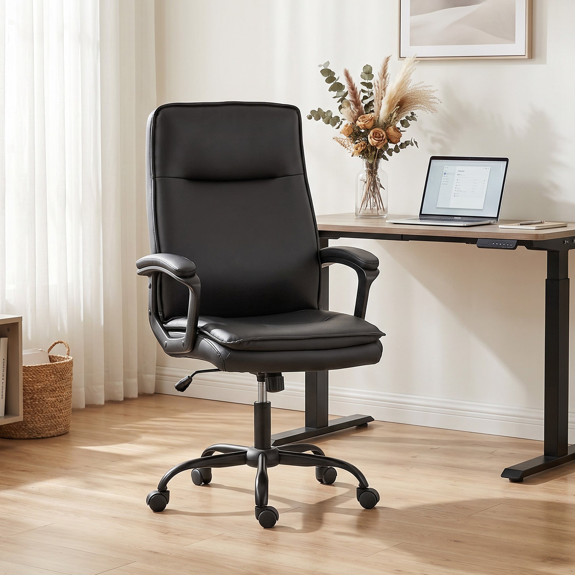 Chaise Bureau Ergonomique, Fauteuil de Bureau en PU, Hauteur Réglable, Fonction Bascule, Dossier Haut, Double Rembourrage, Travail Pivotante 360° pour Ordinateur, Noir