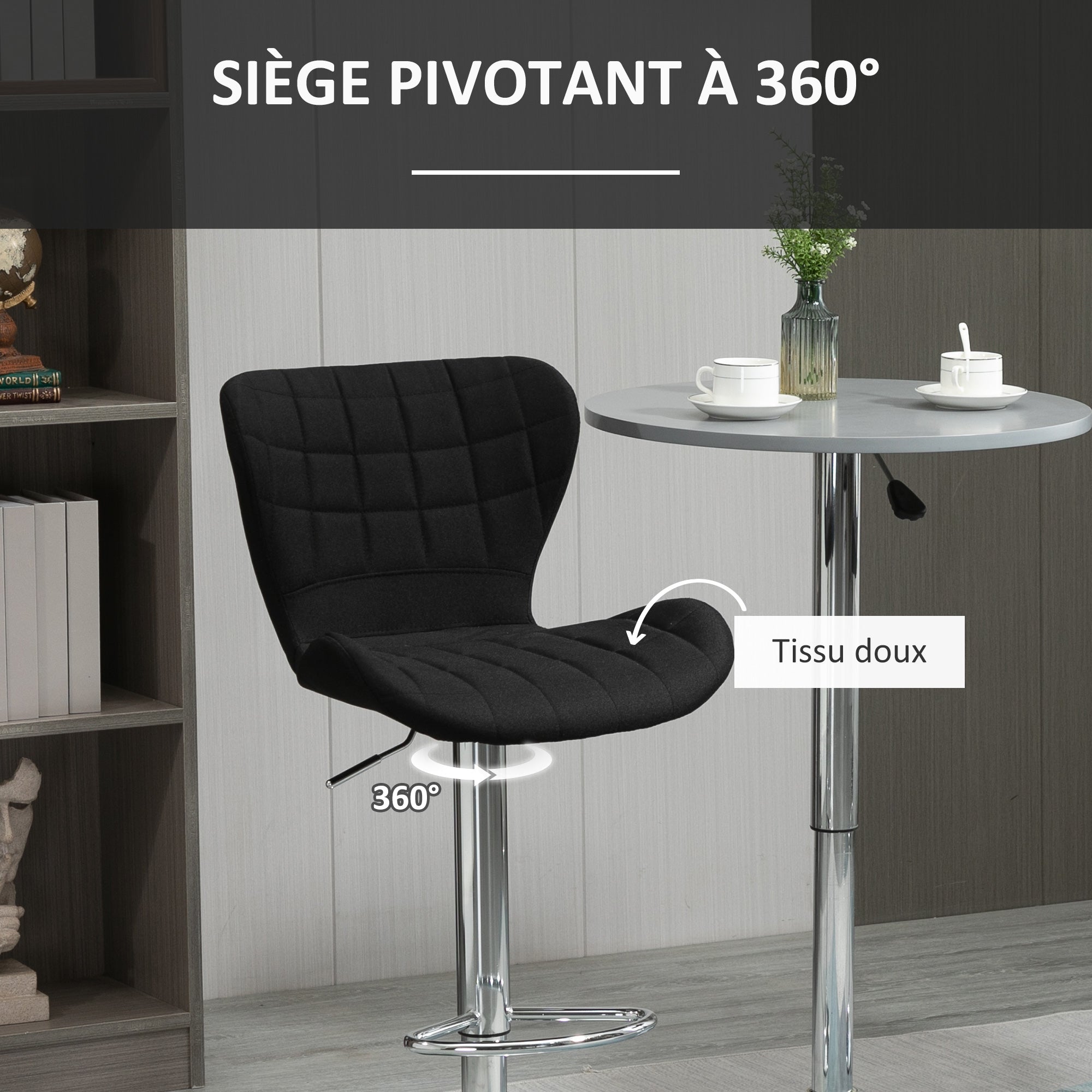 Lot de 2 Tabourets de Bar Design Contemporain Hauteur d'assise réglable 59-81 cm pivotant 360° Lin Noir