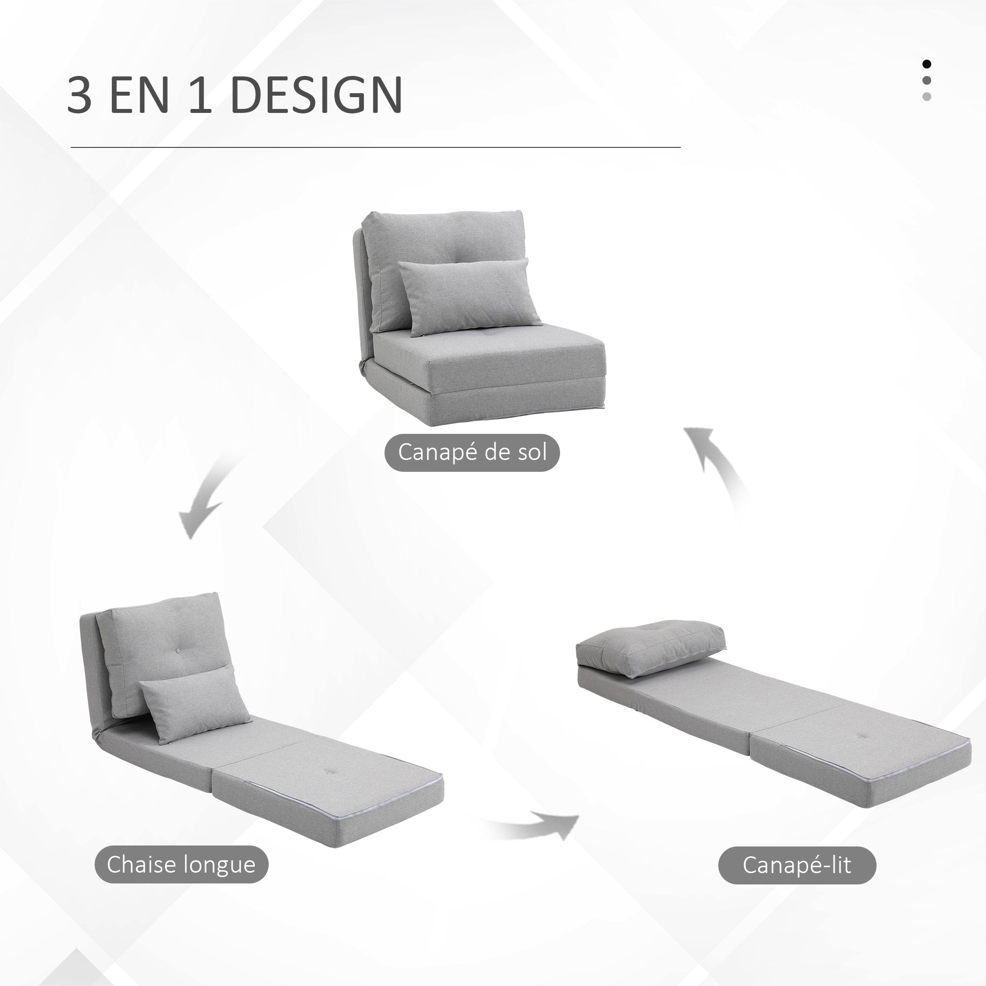 Fauteuil convertible 1 place fauteuil paresseux lit chauffeuse 1 place - coussin inclus, dossier réglable - salon, charge 120 kg, tissu lin gris clair
