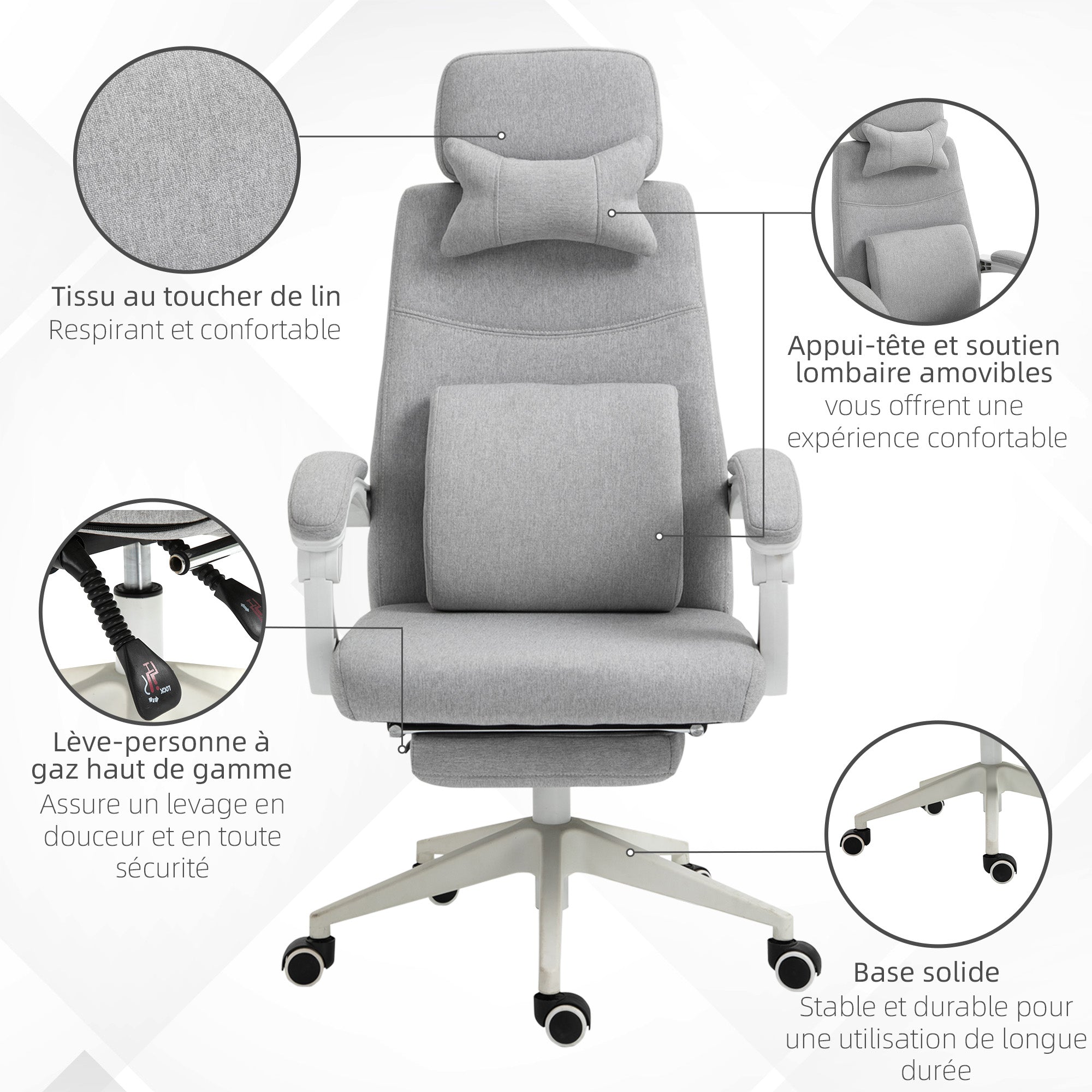 Fauteuil de bureau chaise de bureau grand confort dossier réglable repose-pied roulettes 360° lin 62 x 68 x 127 cm gris