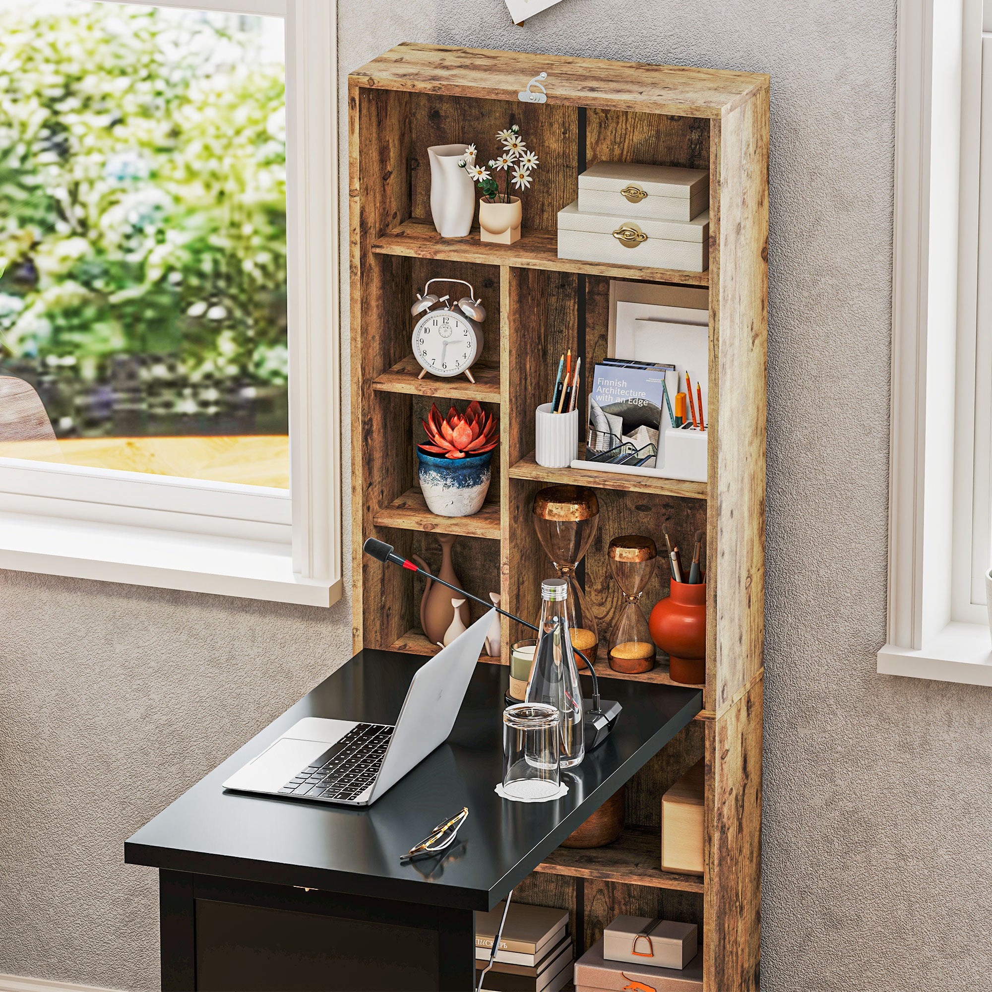 Bureau informatique pliable, bureau avec bibliothèque, poste de travail, tableau noir, 9 compartiments ouverts et étagère réglable, table d'ordinateur pour chambre, 98x51x153cm, brun rustique