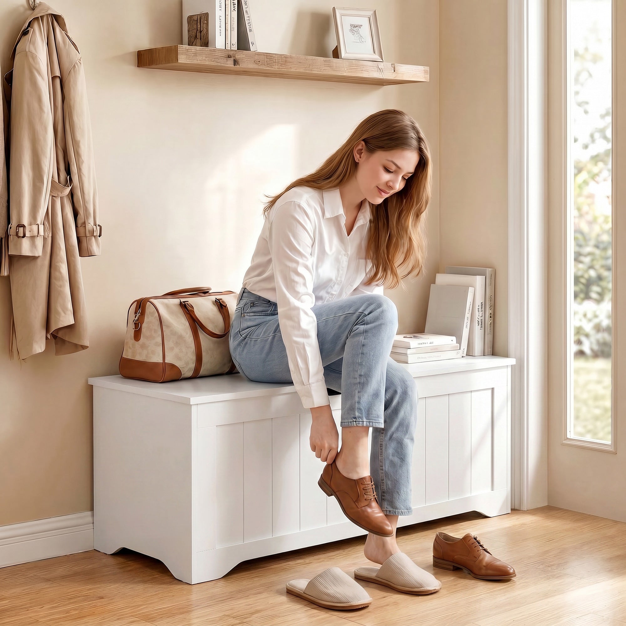 Coffre de Rangement 136 L, Banc Coffre avec 2 Charnières de Sécurité et Design Sans Poignée, Style Moderne, Banc d'Entrée ou Salon, 100 x 40 x 45 cm, Blanc