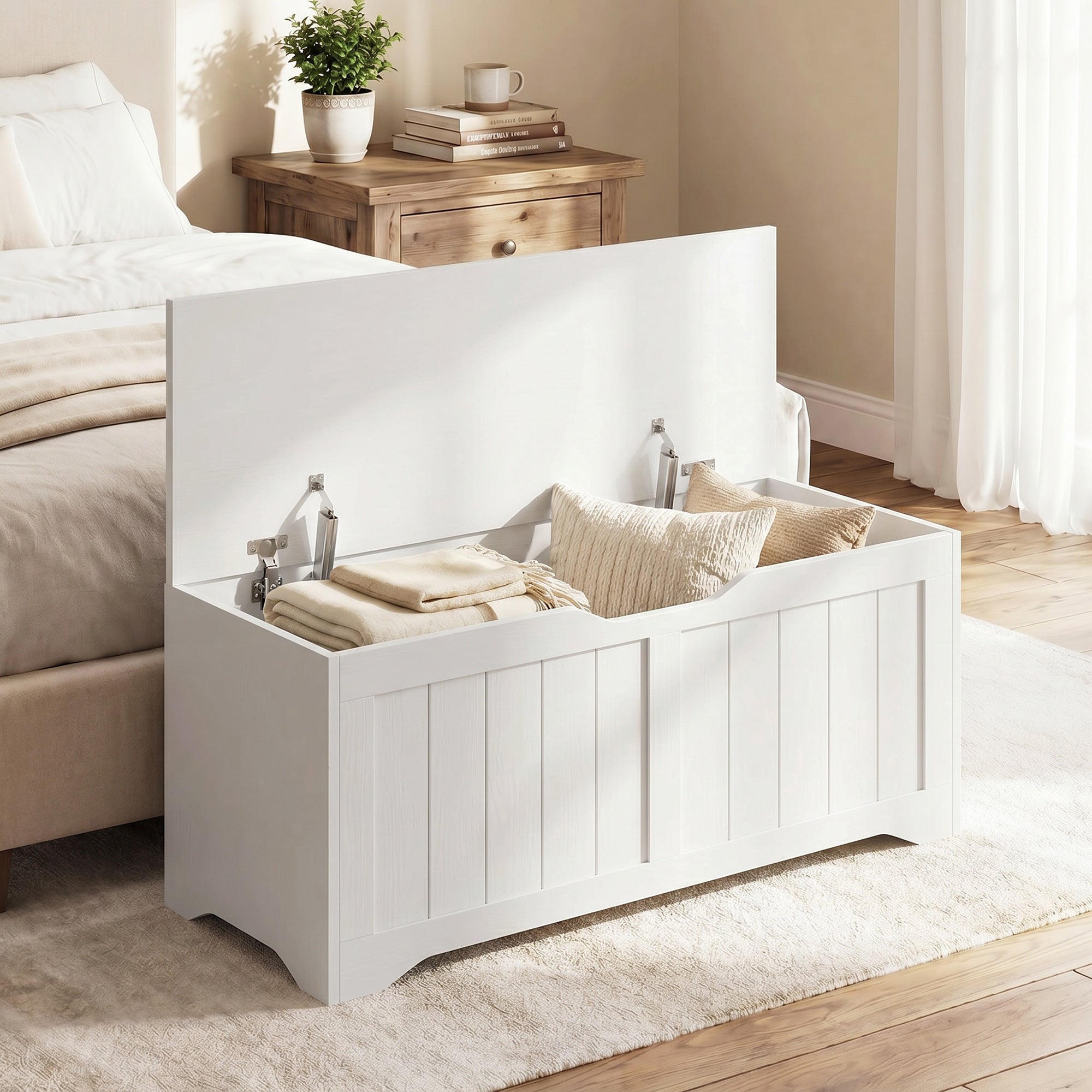 Coffre de Rangement 136 L, Banc Coffre avec 2 Charnières de Sécurité et Design Sans Poignée, Style Moderne, Banc d'Entrée ou Salon, 100 x 40 x 45 cm, Blanc