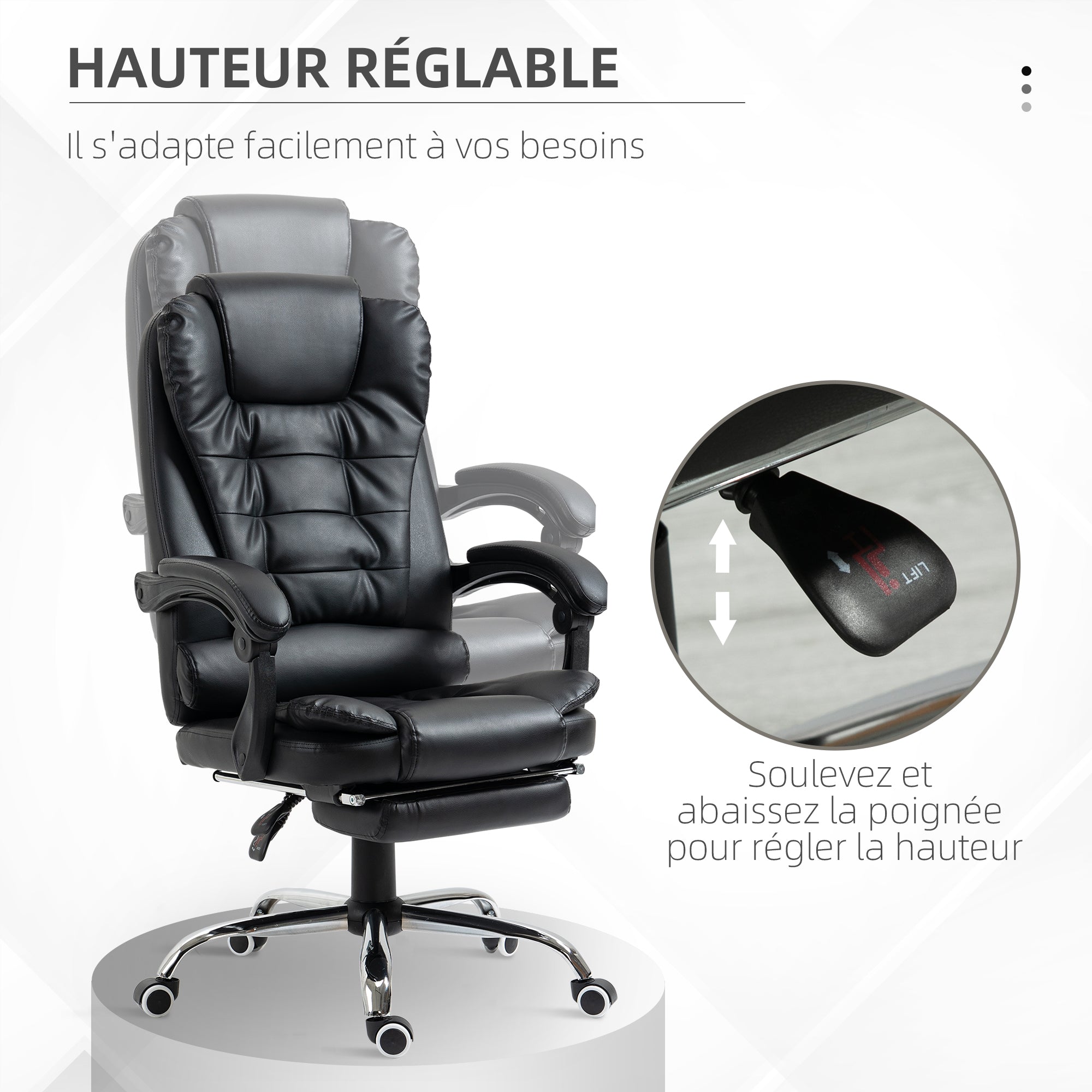 Fauteuil de bureau fauteuil manager grand confort dossier inclinable roulettes PU 64,5 x 69 x 117 cm noir