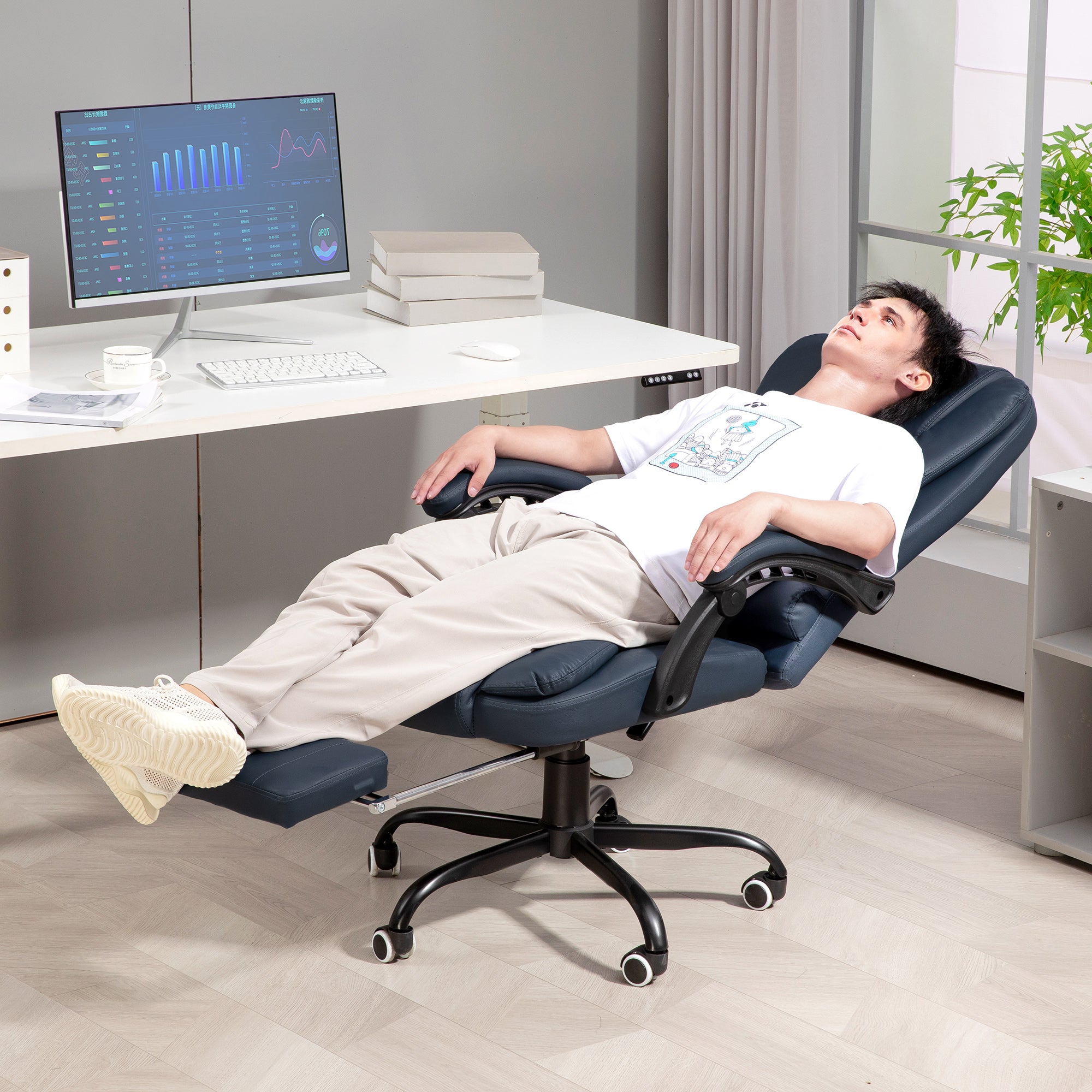 Fauteuil de bureau massant, chaise de bureau, chaise ergonomique avec hauteur réglable, dossier inclinable et télécommande filaire, repose-pieds rétractable et pivotant à 360°, bleu