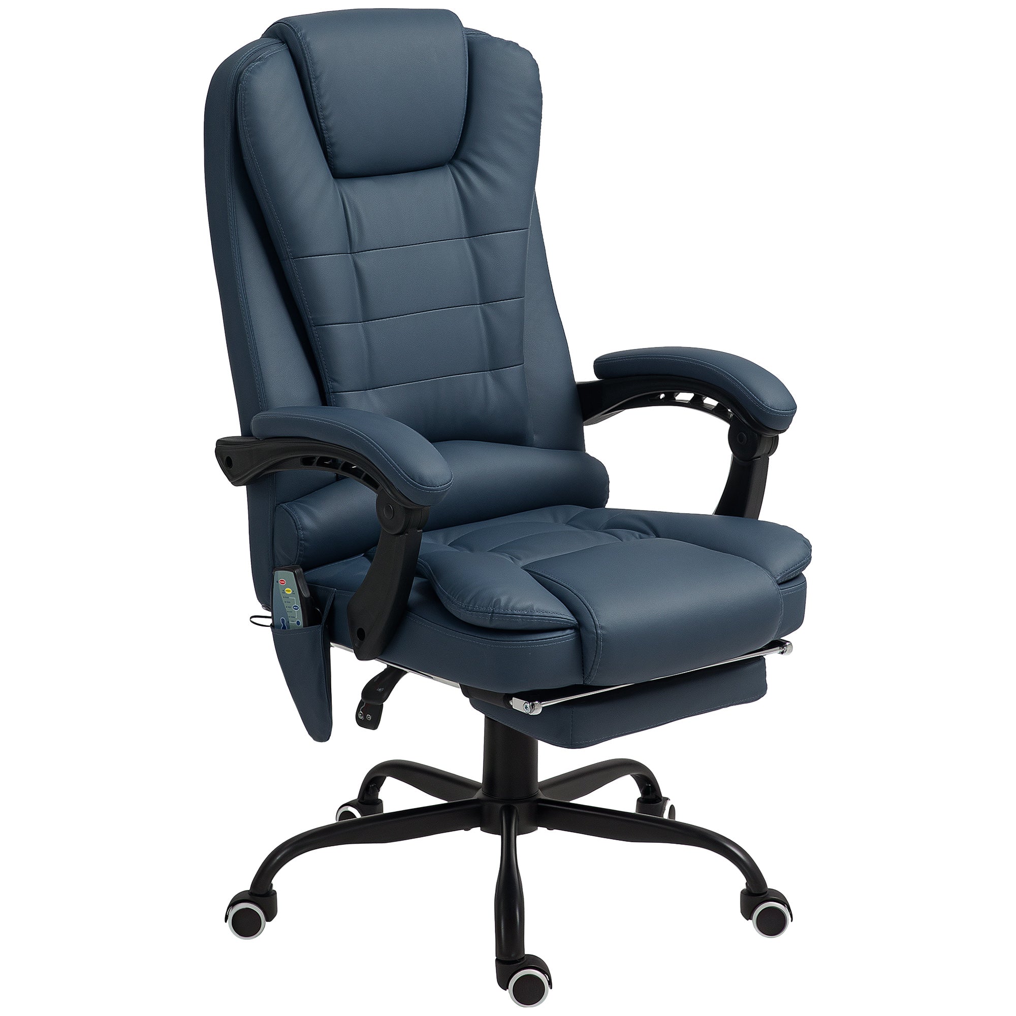 Fauteuil de bureau massant, chaise de bureau, chaise ergonomique avec hauteur réglable, dossier inclinable et télécommande filaire, repose-pieds rétractable et pivotant à 360°, bleu