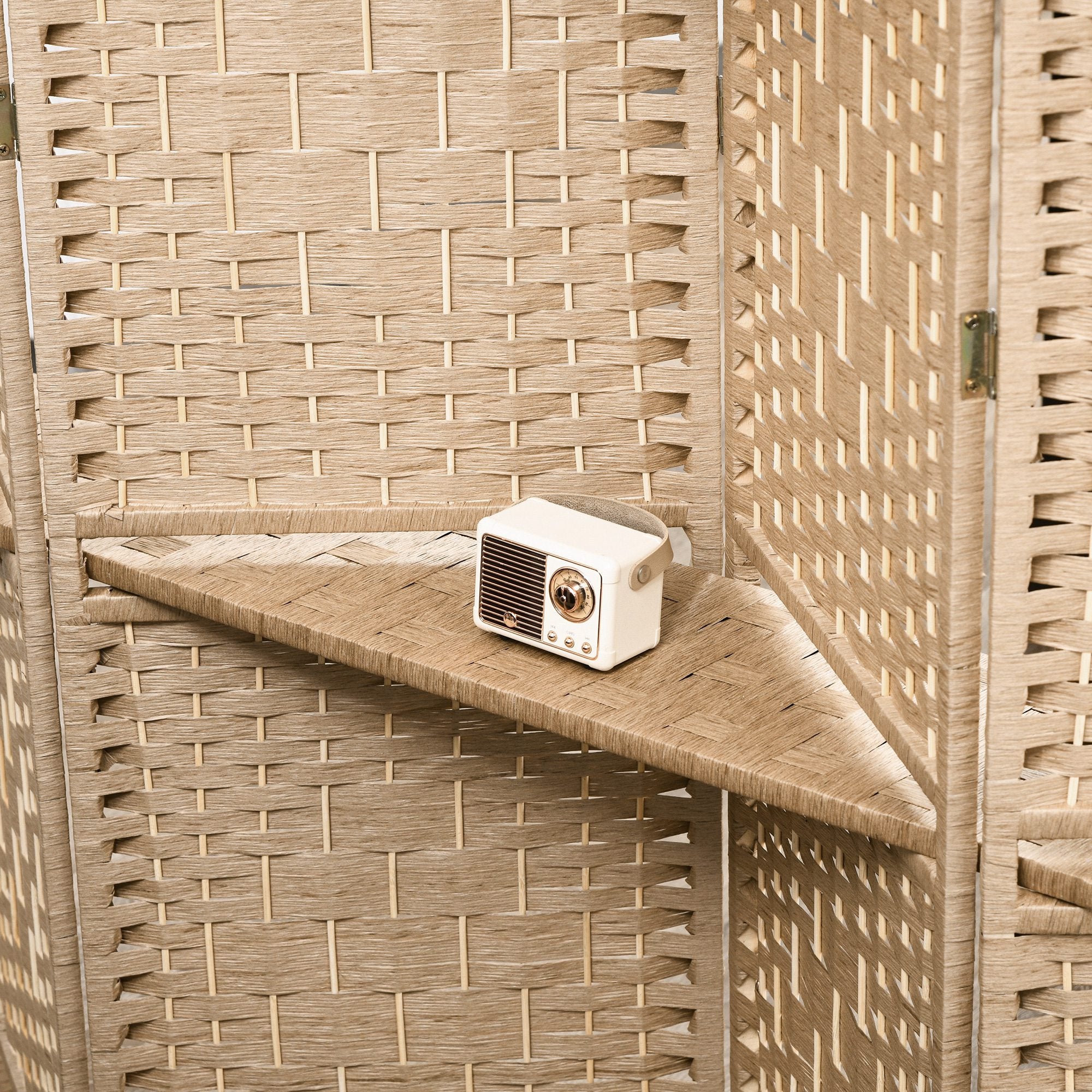 Paravent séparateur de pièce 4 panneaux 160 x170 cm avec 2 étagères, pliable, en bois pour le bureau, salon, chambre, bois naturel