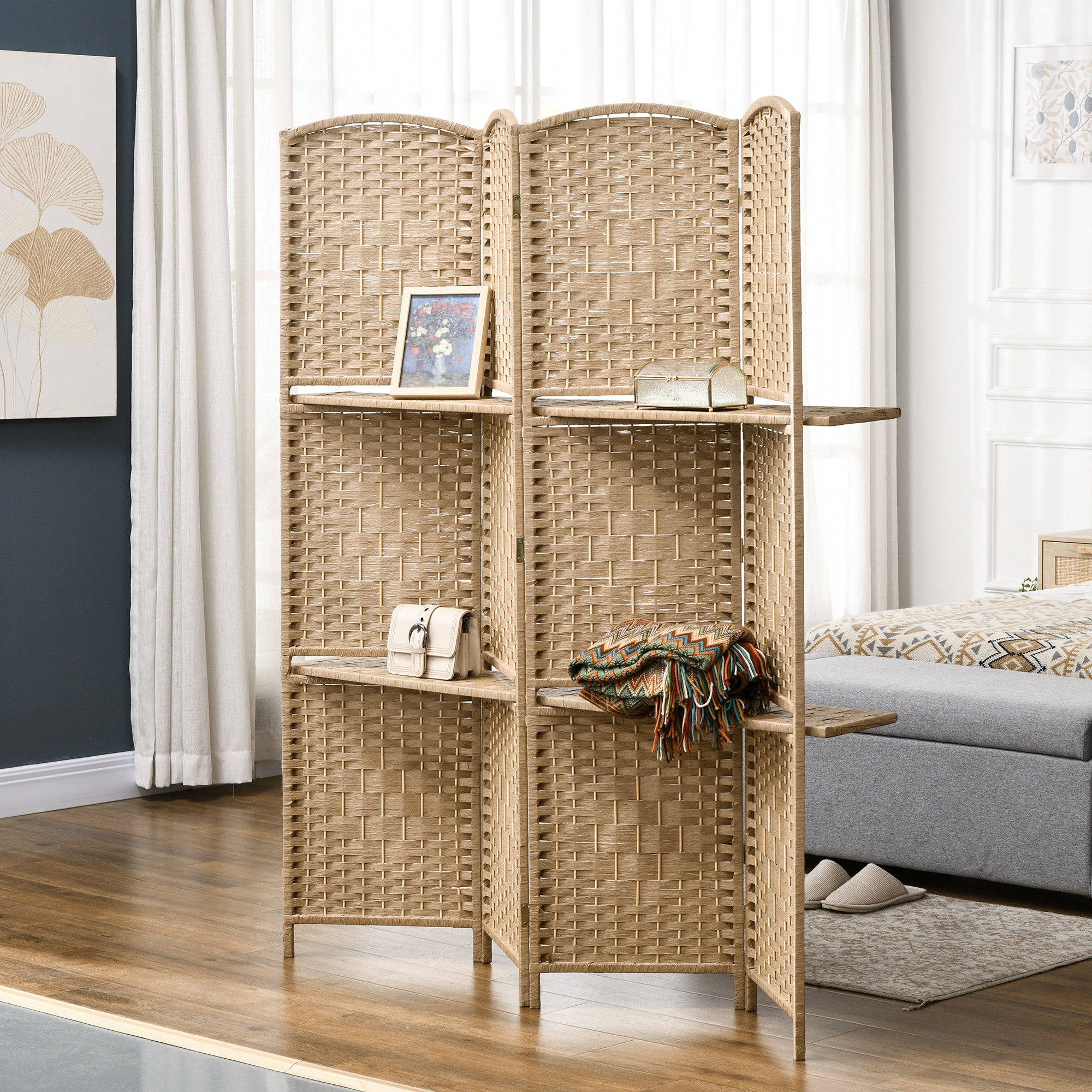 Paravent séparateur de pièce 4 panneaux 160 x170 cm avec 2 étagères, pliable, en bois pour le bureau, salon, chambre, bois naturel