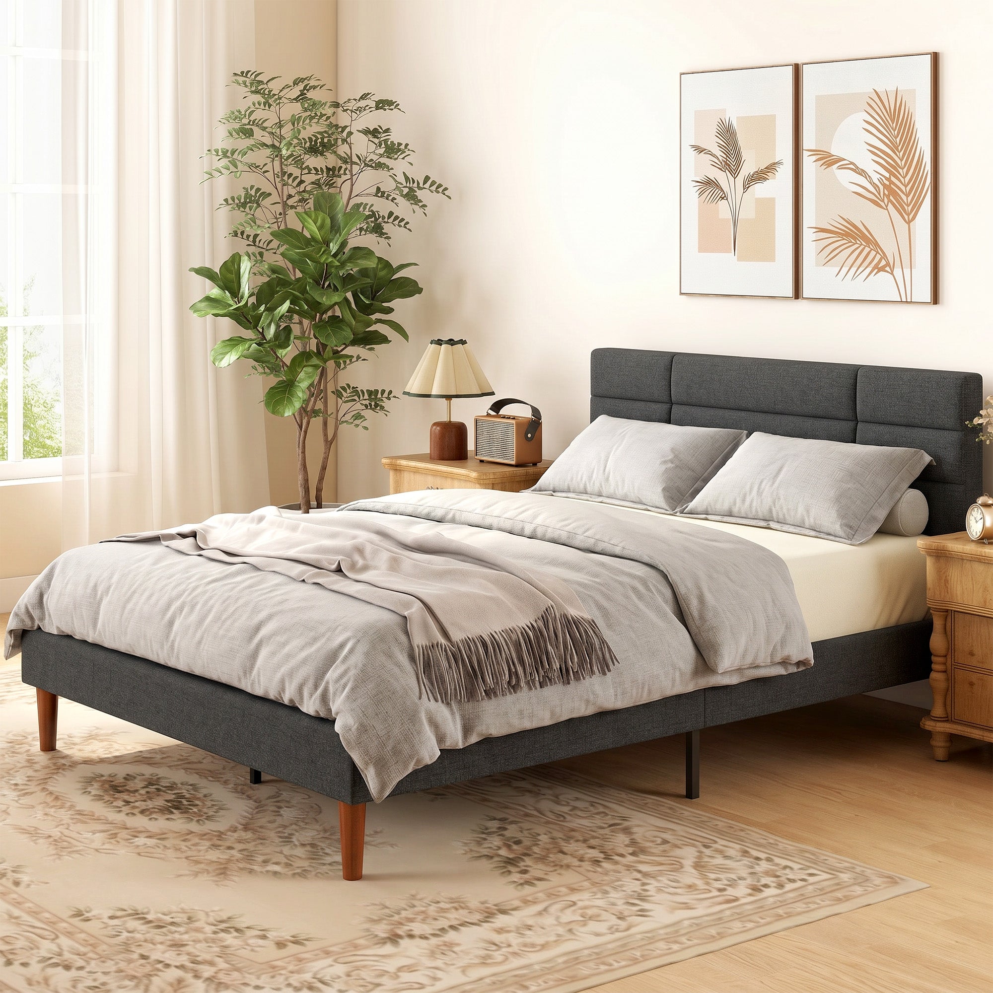 Cadre de Lit 140 x 200 cm avec Sommier Bois, Lit Double Rembourré en Effet Lin, 9 Pieds Robustes Supporte 500 KG, Tête de Lit Quadrillé, Rangement au-dessous, Sans Bruit, Montage Facile, Gris