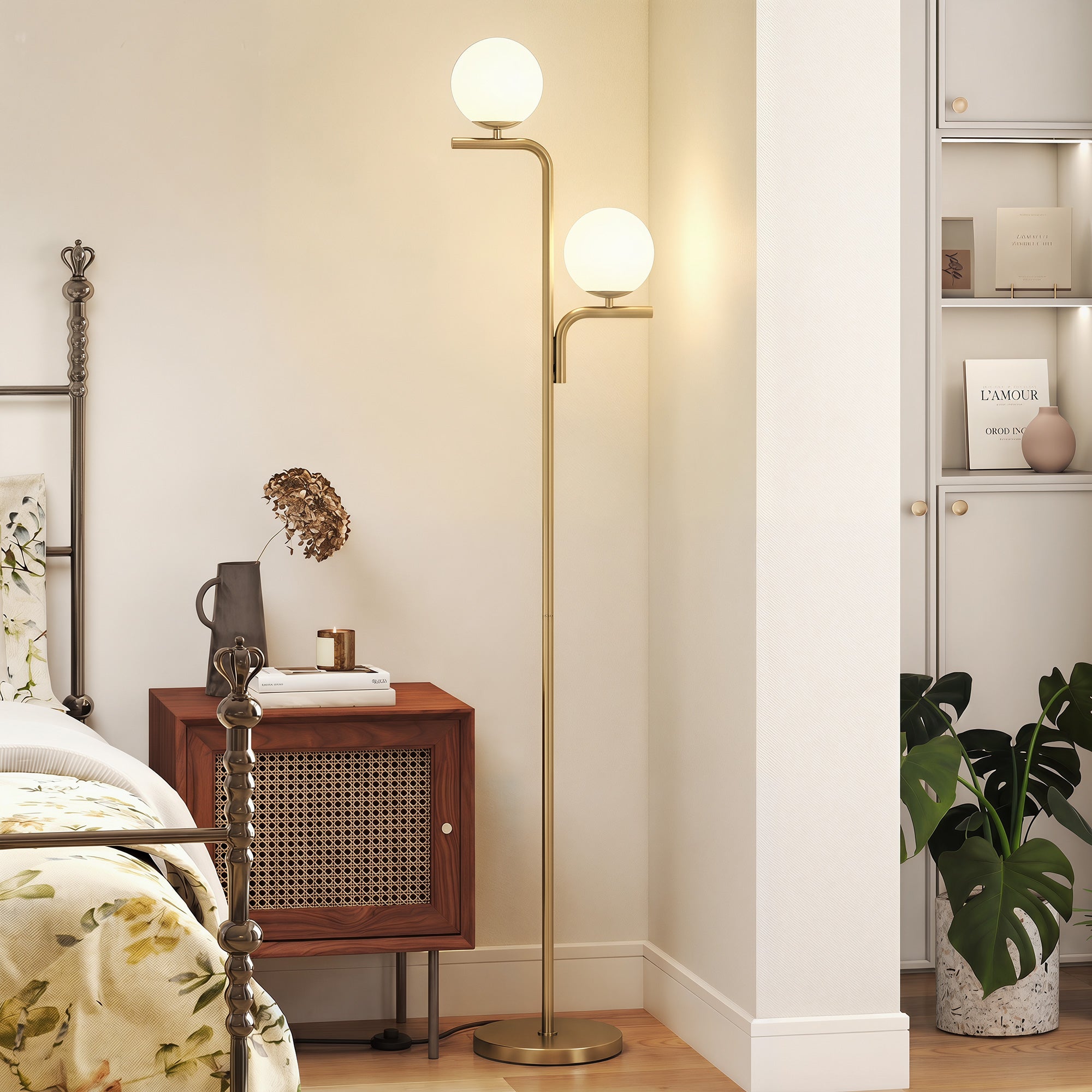 Lampadaire sur Pied Salon à Double Tête, Lampe sur Pied Moderne avec Abat-Jour en Verre Sphérique, 3 Températures de Couleur, Douille E27, Interrupteur au Pied, pour Chambre, Bureau, Doré