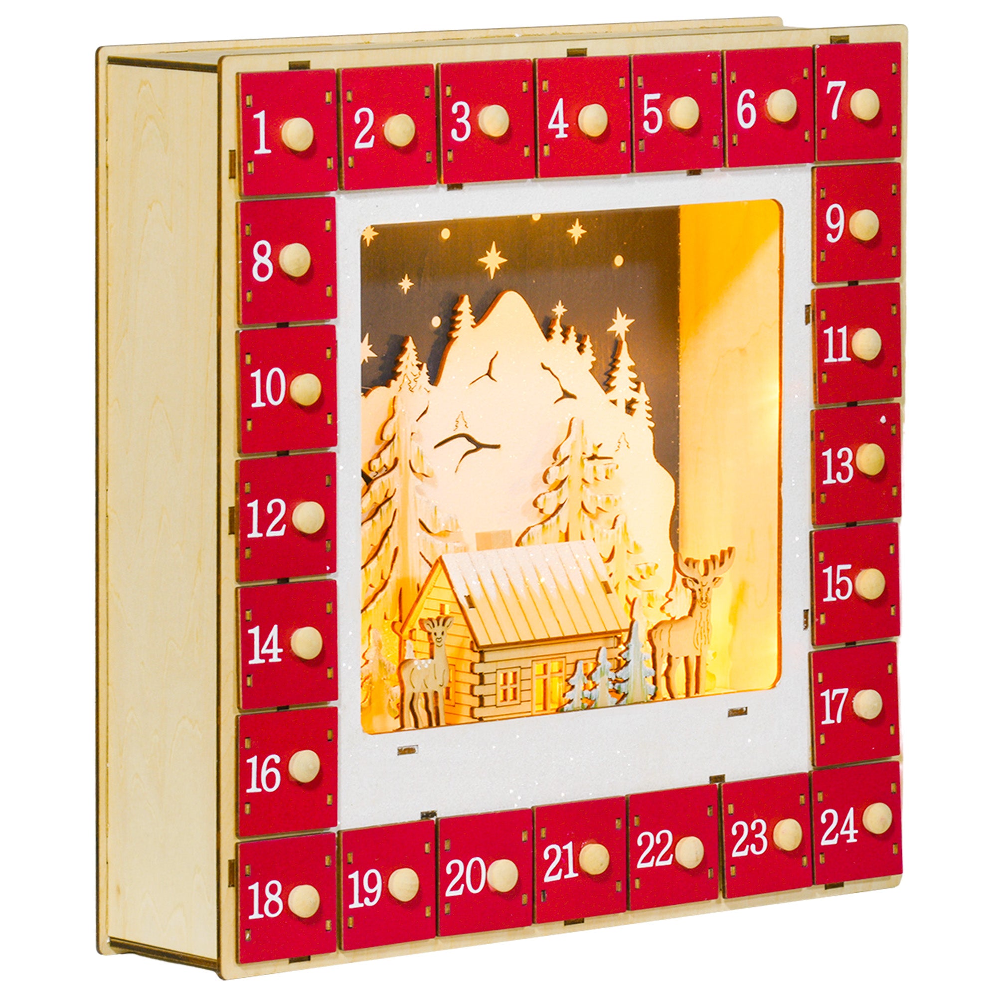 Calendrier de l'Avent LED, décorations de Noël en bois, 24 tiroirs à remplir, décoration lumineuse, villages, montagnes, forêts, rennes et étoiles, rouge