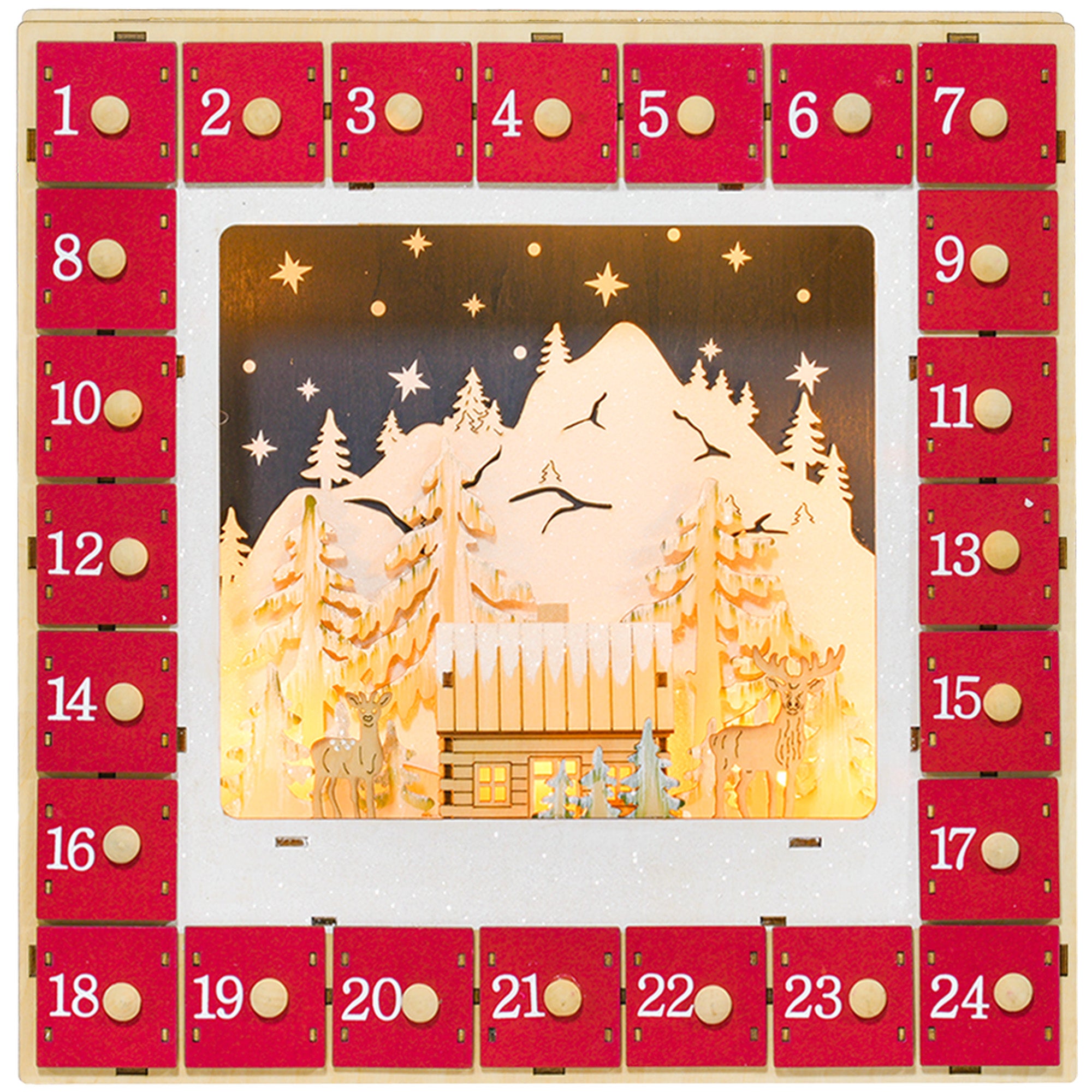 Calendrier de l'Avent LED, décorations de Noël en bois, 24 tiroirs à remplir, décoration lumineuse, villages, montagnes, forêts, rennes et étoiles, rouge