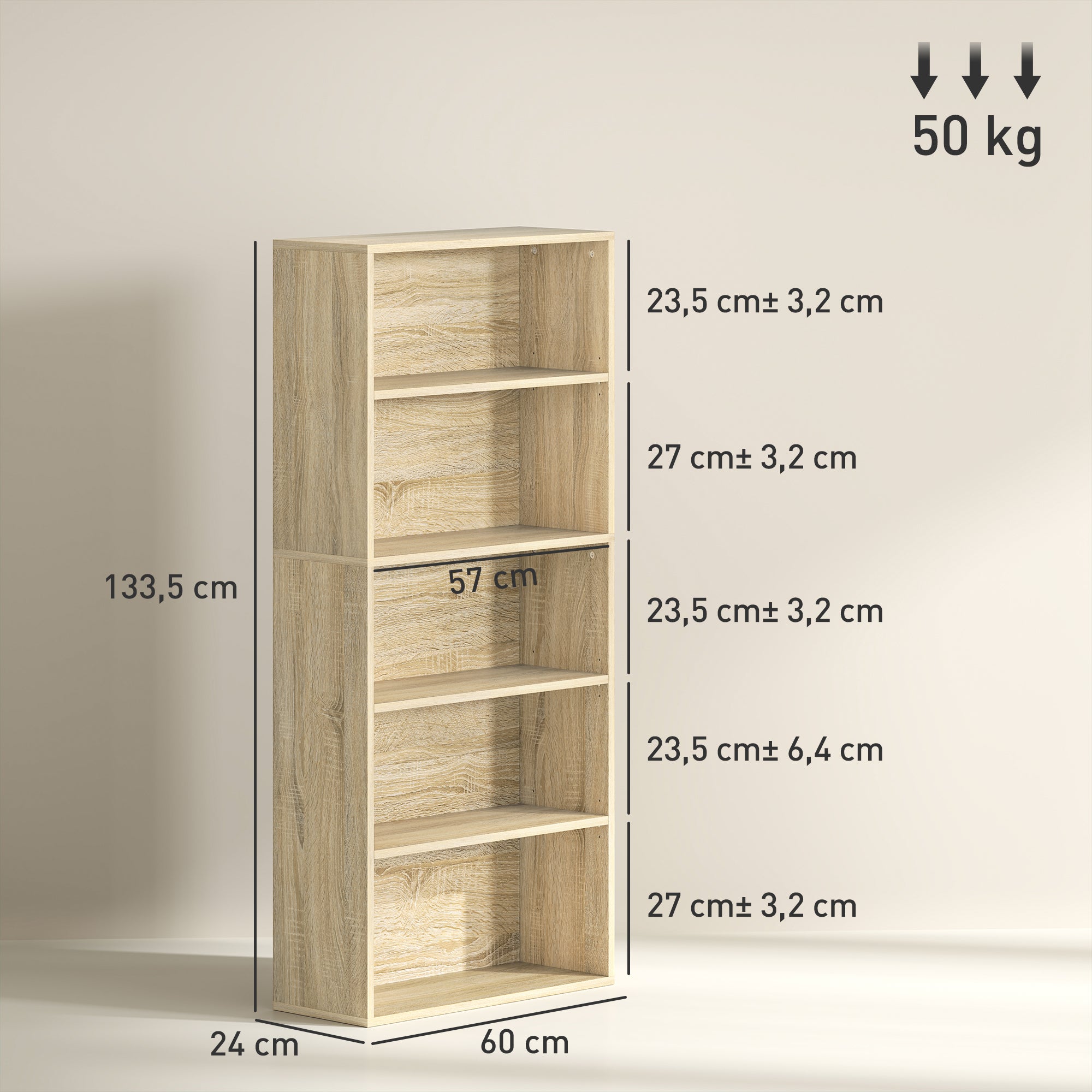 Bibliothèque, étagère de rangement 5 niveaux, meuble de rangement avec étagères réglables pour salon, chambre à coucher, bureau, 60 x 24 x 133,5 cm, bois naturel